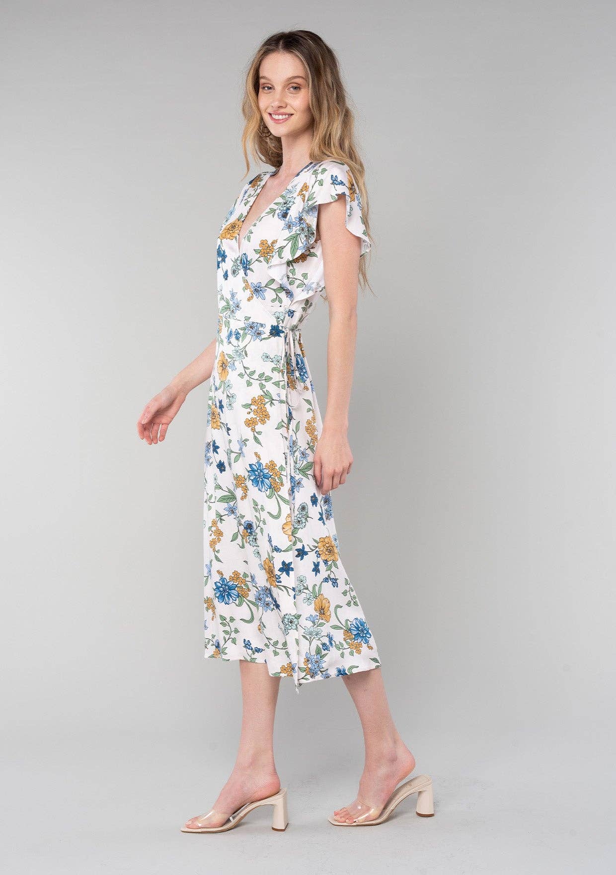 Lovestitch - Floral Short Flutter Sleeve Midi Wrap Dress
