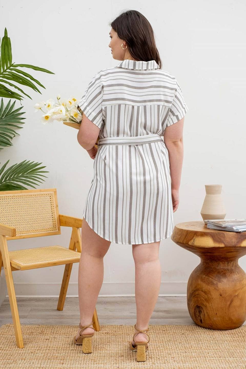 MINE - PLUS SIZE STRIPE COLLARED SHORT SLEEVE BELTED SHIRT DRESS