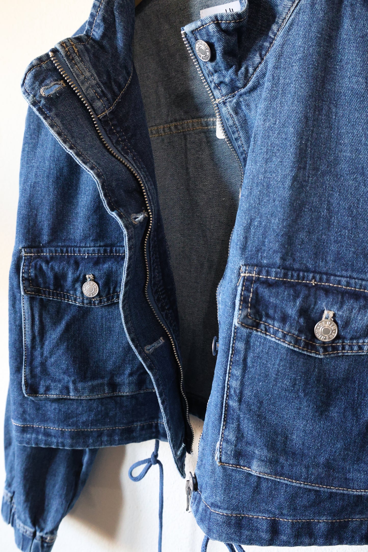 Urban Daizy - Utility Cropped Drawstring Hem Stand Collar Denim Jacket