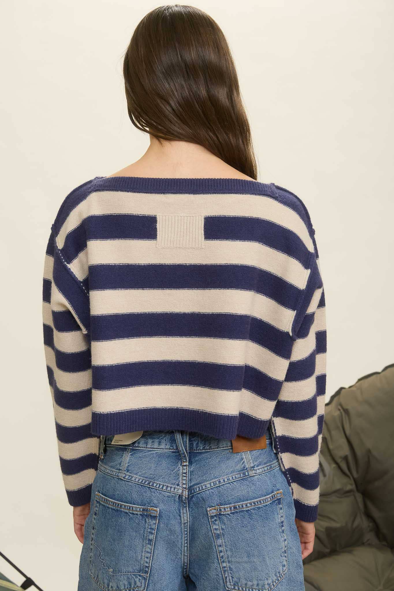 Blu Pepper - STRIPE EXPOSED SEAM LONG SLEEVE CROPPED SWEATER