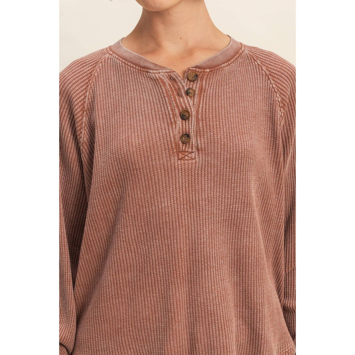 HYFVE - Mineral Washed Henley Waffle Raglan Sleeve Top