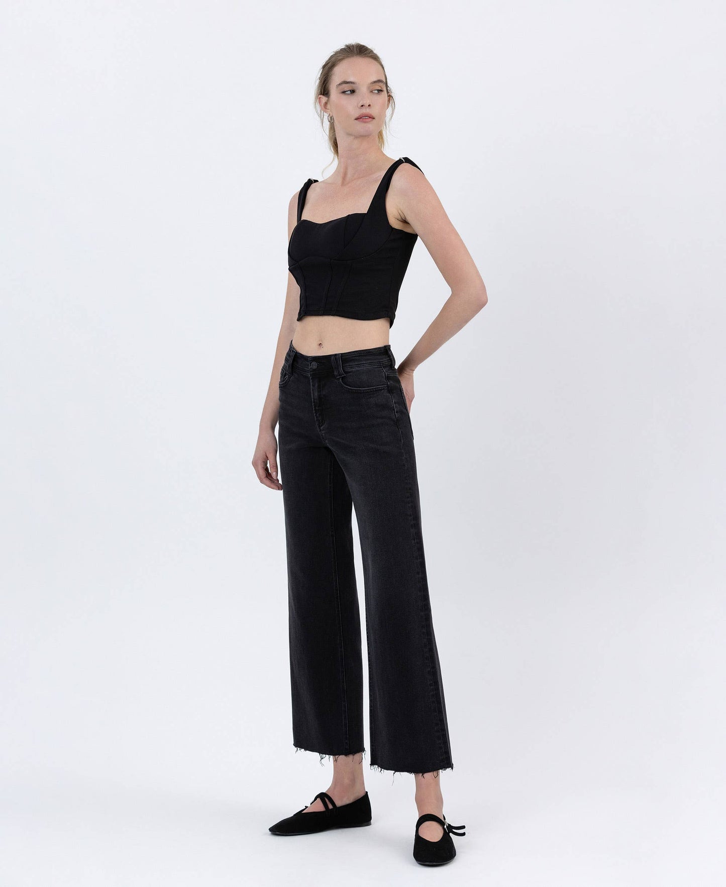 FLYING MONKEY - HIGH RISE RAW HEM ANKLE WIDE JEANS