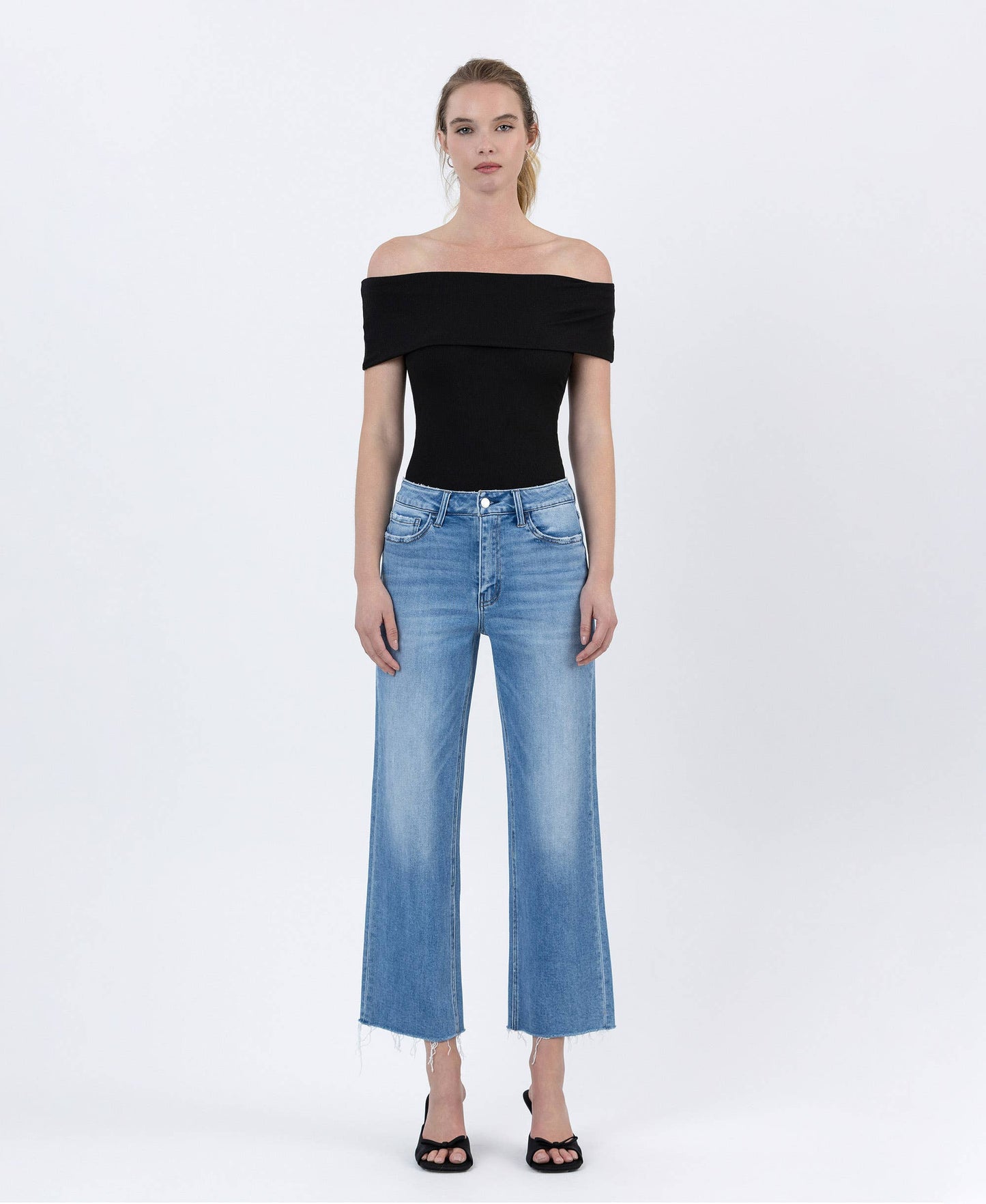 FLYING MONKEY - HIGH RISE RAW HEM CROP SLIM WIDE JEANS