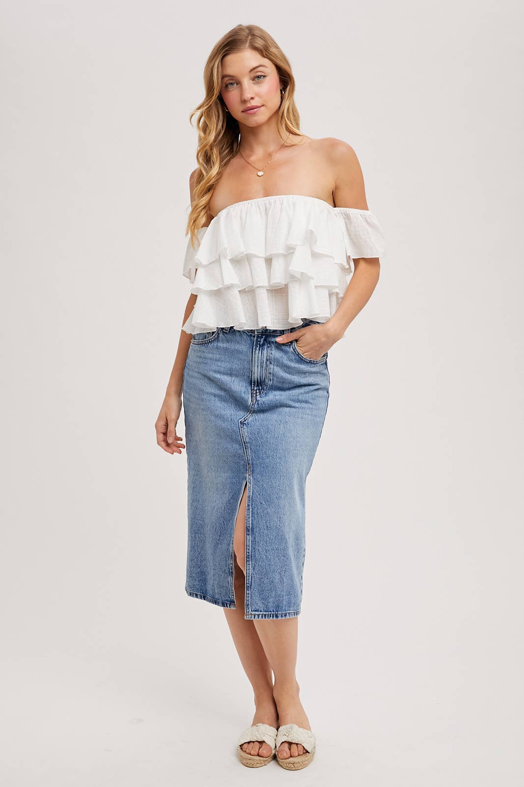 Bluivy - TEXTURED OFF-THE-SHOULDER TIERED CROP TOP