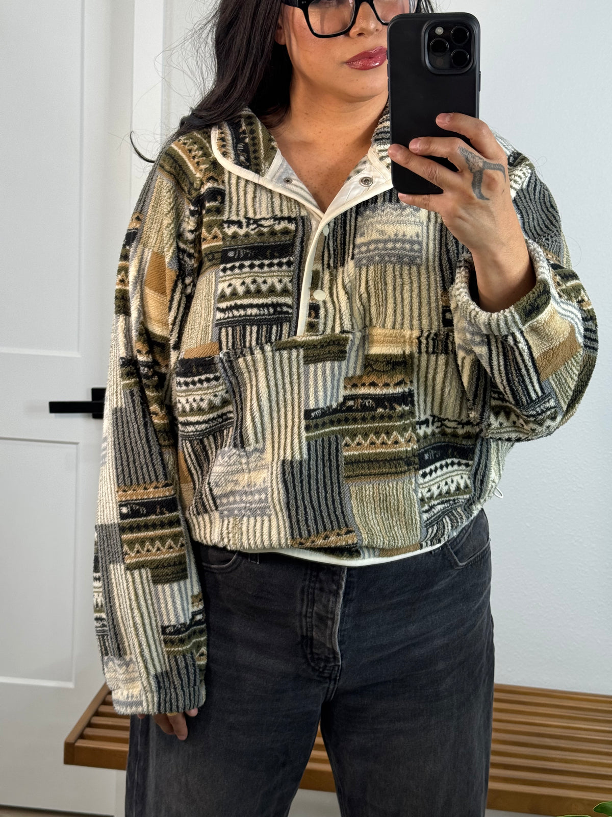 Find The Whimsy patchwork fleece snap pullover