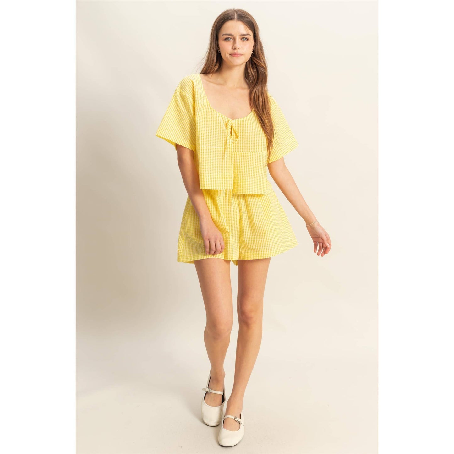 HYFVE-SET-Cute Gingham Front Tie Top And Shorts Set