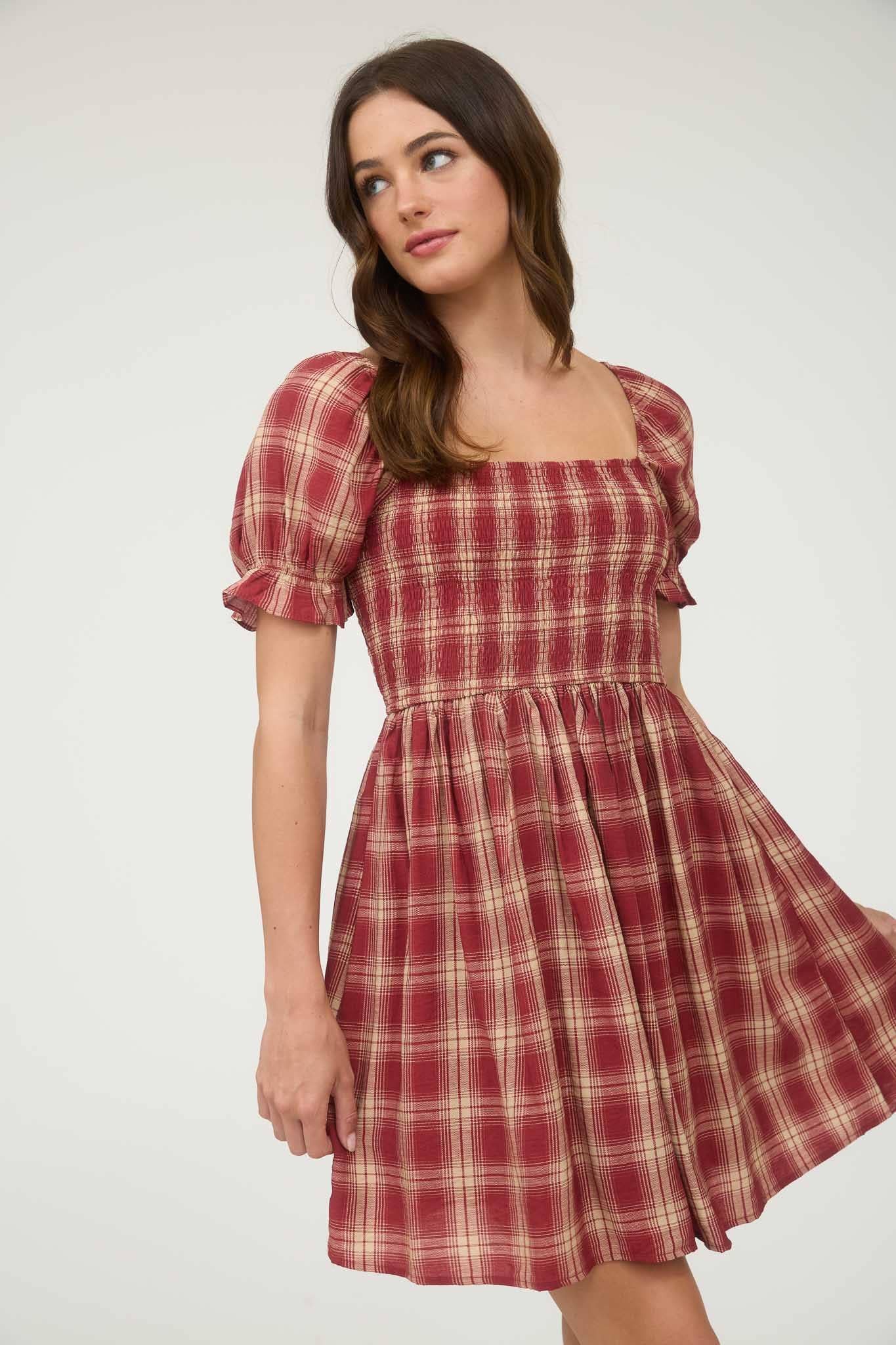 Blu Pepper - PLAID SMOCKED PUFF SLEEVE MIDI DRESS