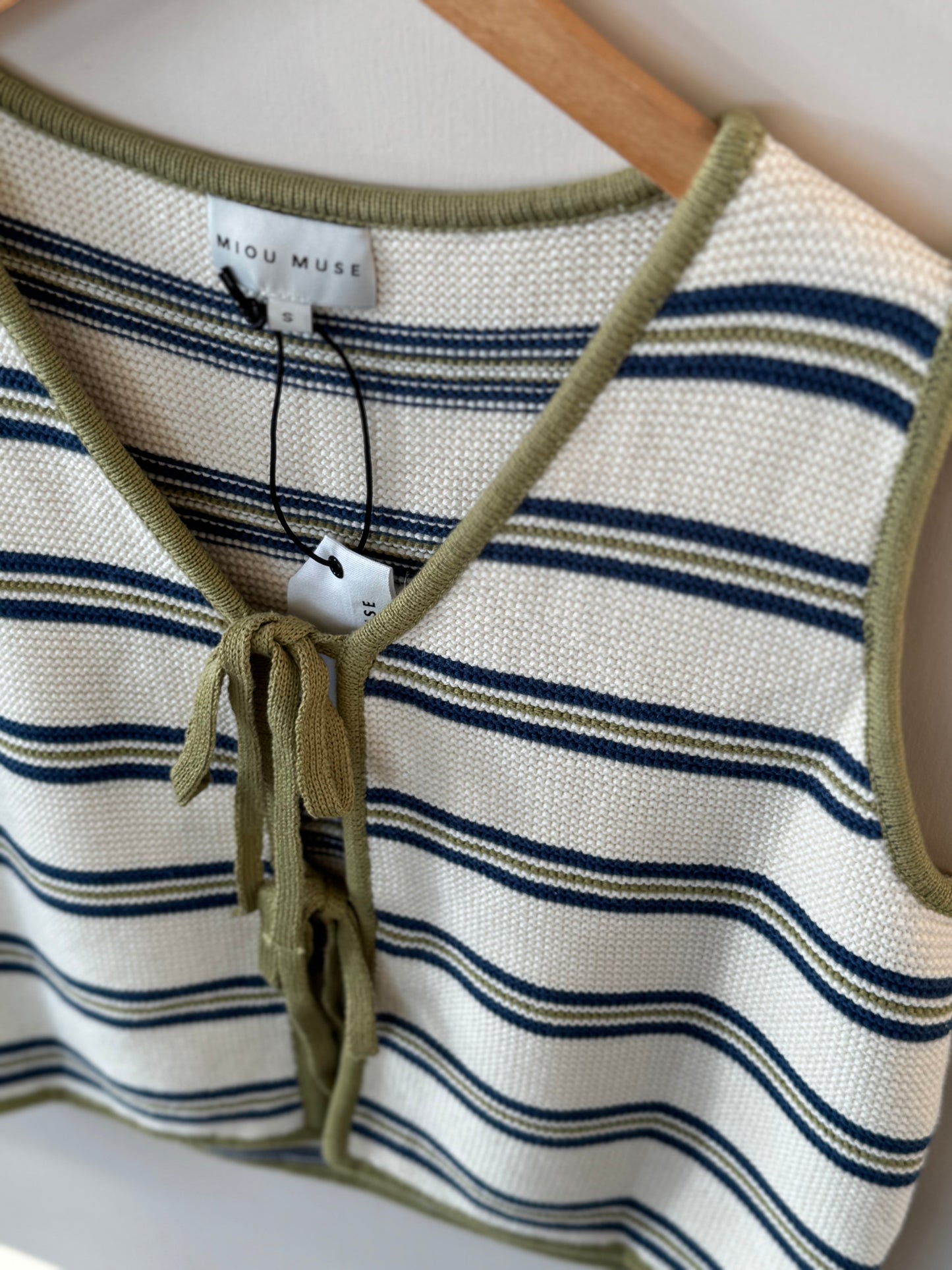 Miou Muse - Green/Navy Striped Tie Front Sweater Vest