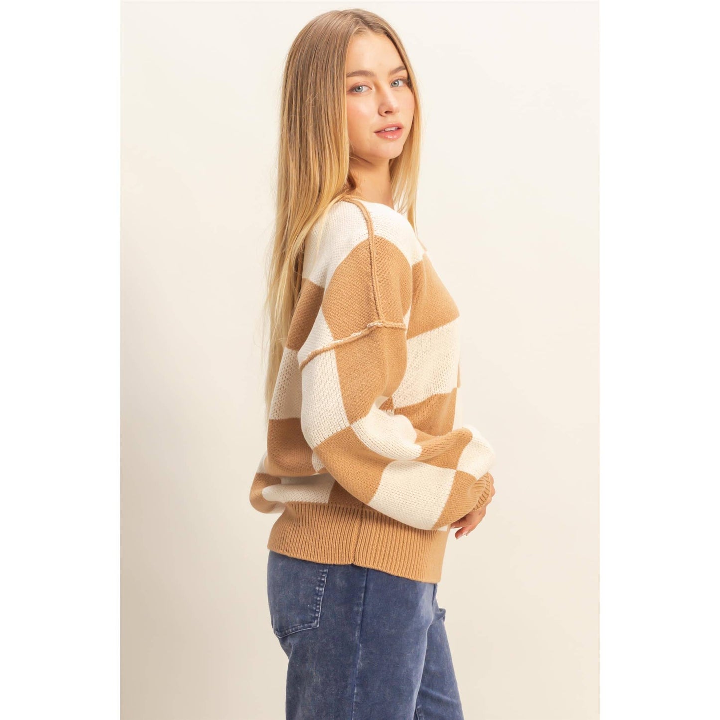 HYFVE - Trendy Crew Neck Checkered Knit Sweater