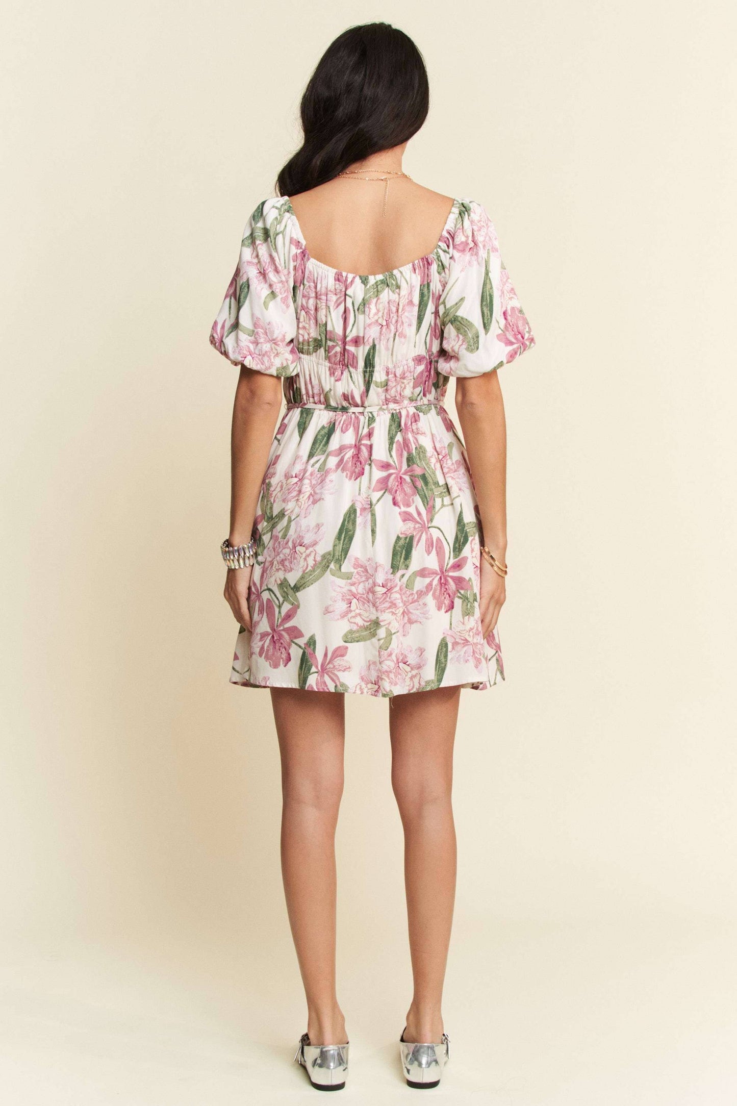 Davi & Dani - FLORAL SQUARE NECK PUFF SLEEVE A-LINE SHORT DRESS