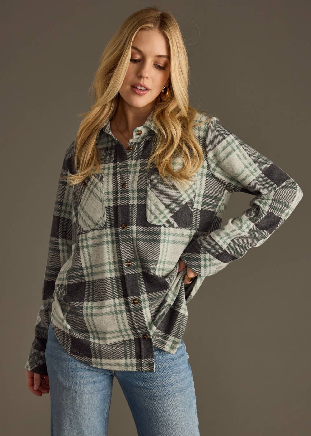Panache Apparel Co. - Charcoal & Green Plaid Button Up