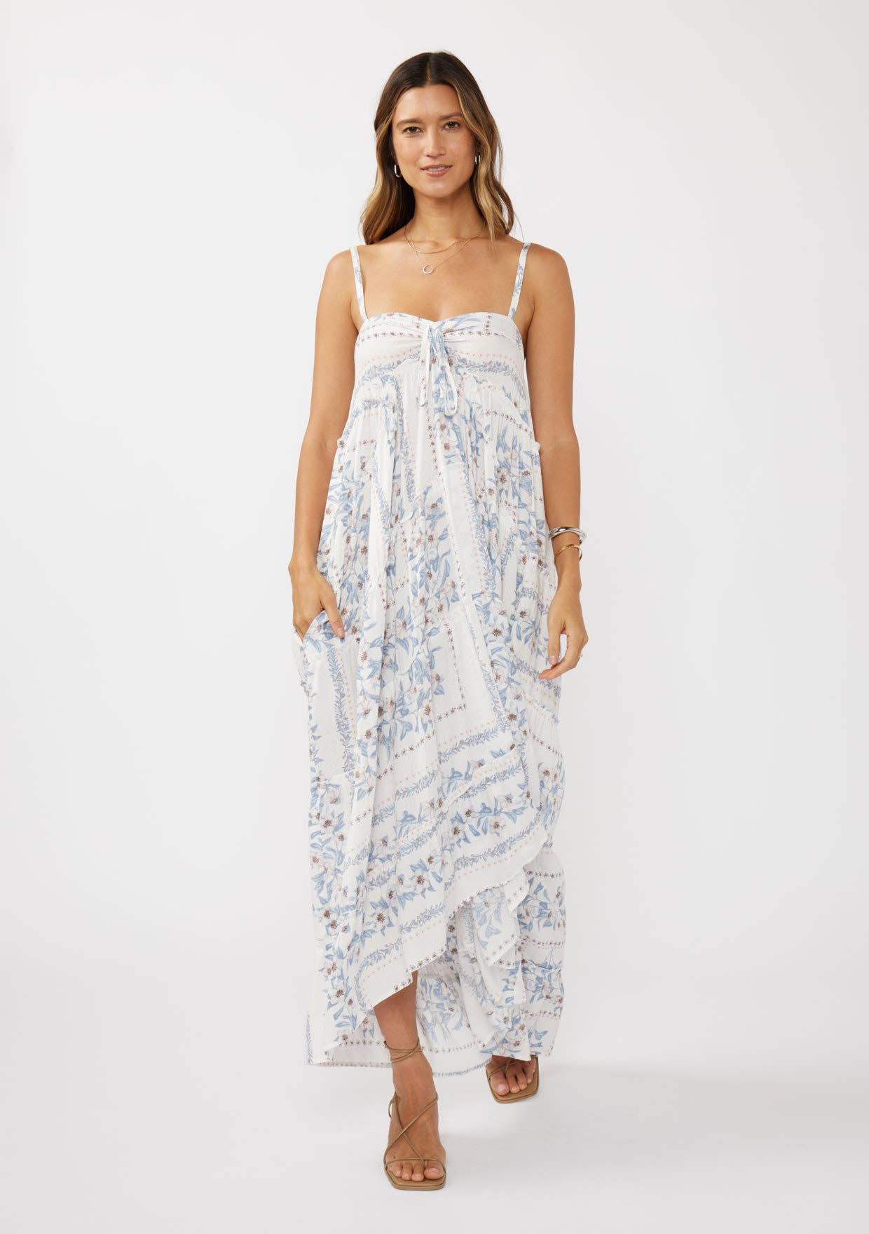 Lovestitch - Hi-Lo Spaghetti Strap Patchwork Ruffle Maxi Dress