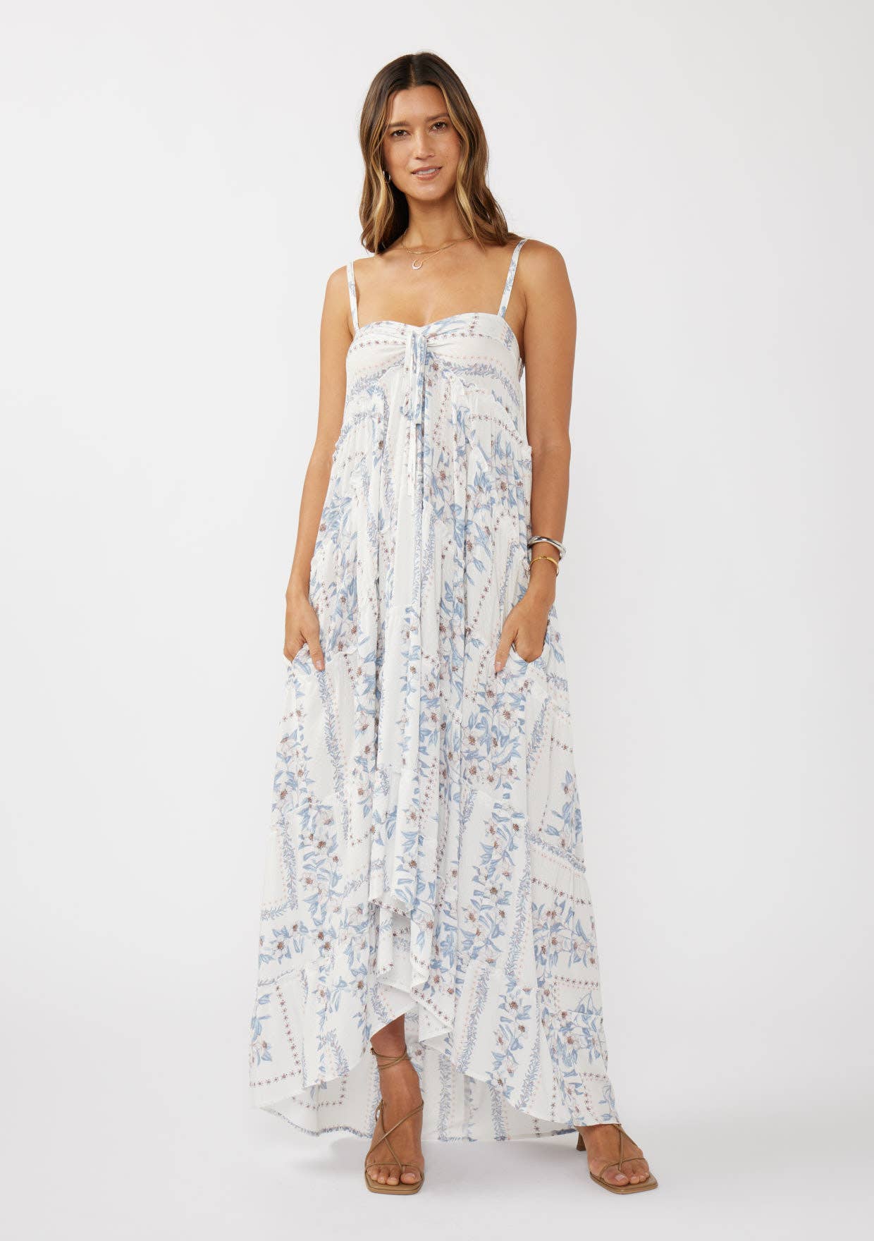 Lovestitch - Hi-Lo Spaghetti Strap Patchwork Ruffle Maxi Dress