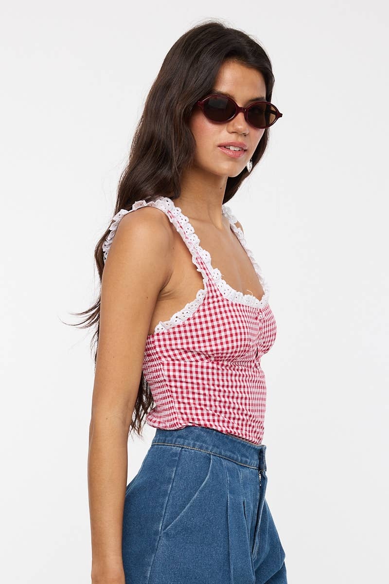 Sky to Moon - VIVID GINGHAM EYELET LACE TRIM CASUAL BODYSUIT