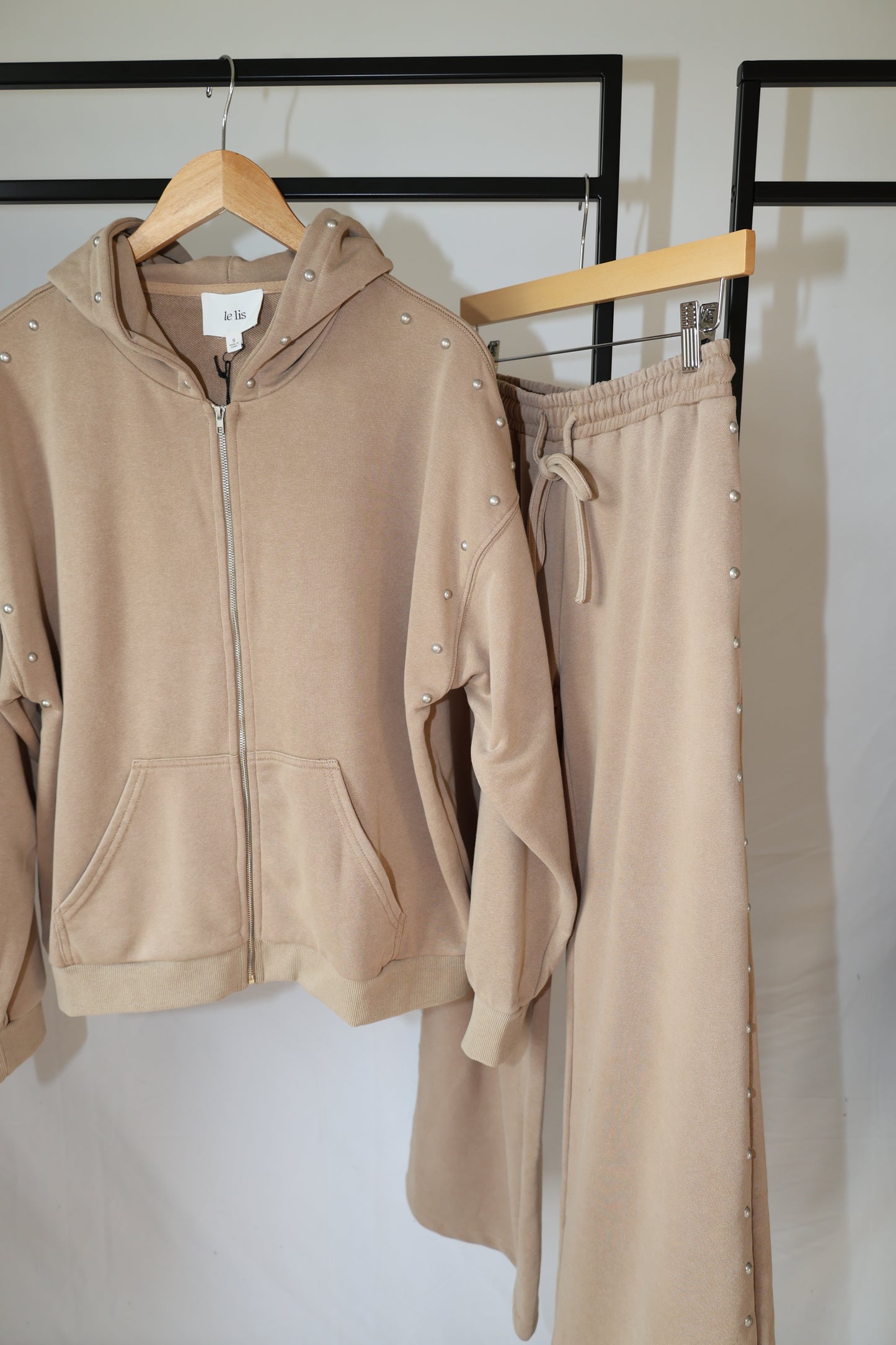 Le Lis - Beige Washed Effect Studded Zip-up Hoodie