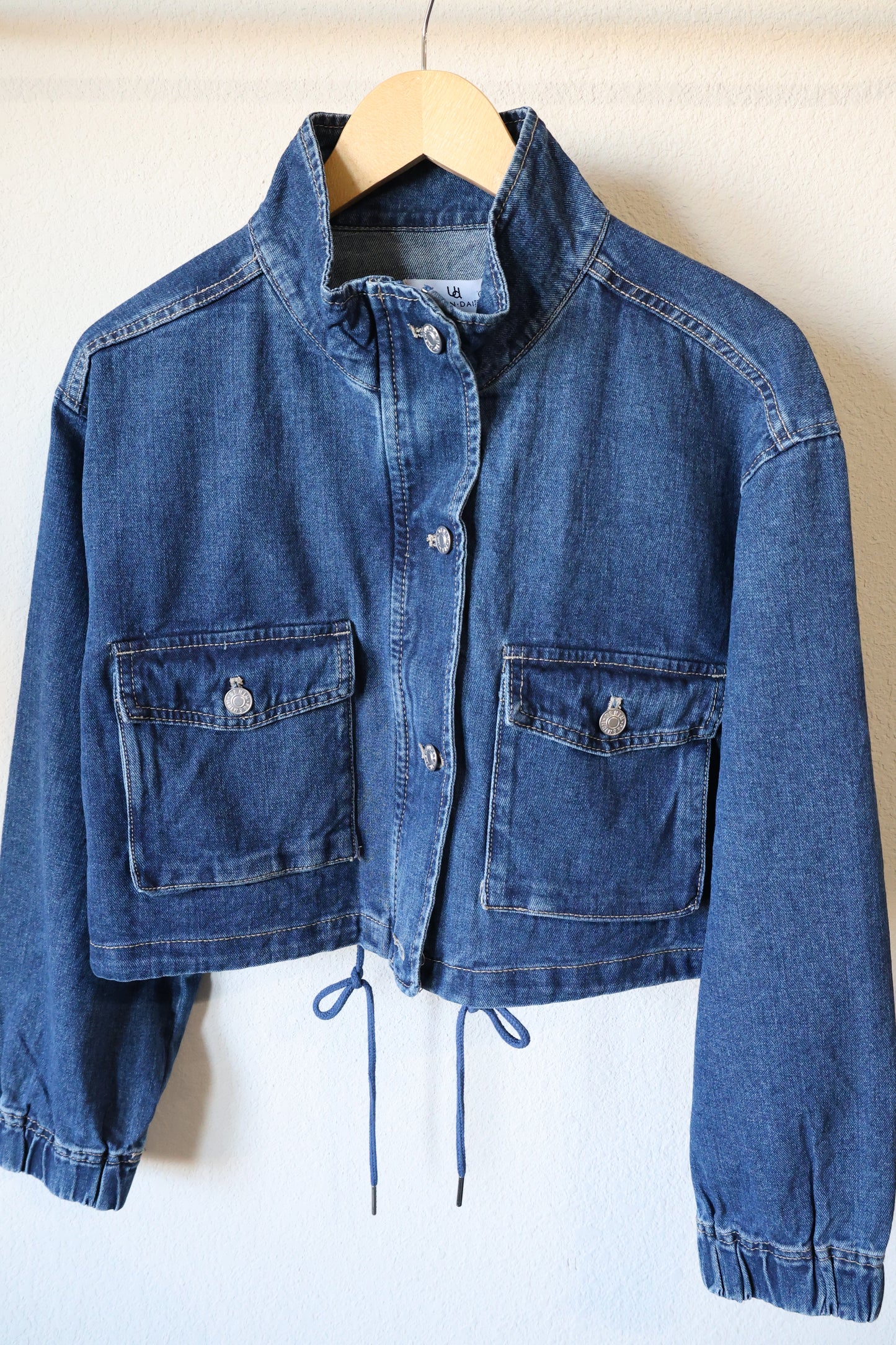 Urban Daizy - Utility Cropped Drawstring Hem Stand Collar Denim Jacket