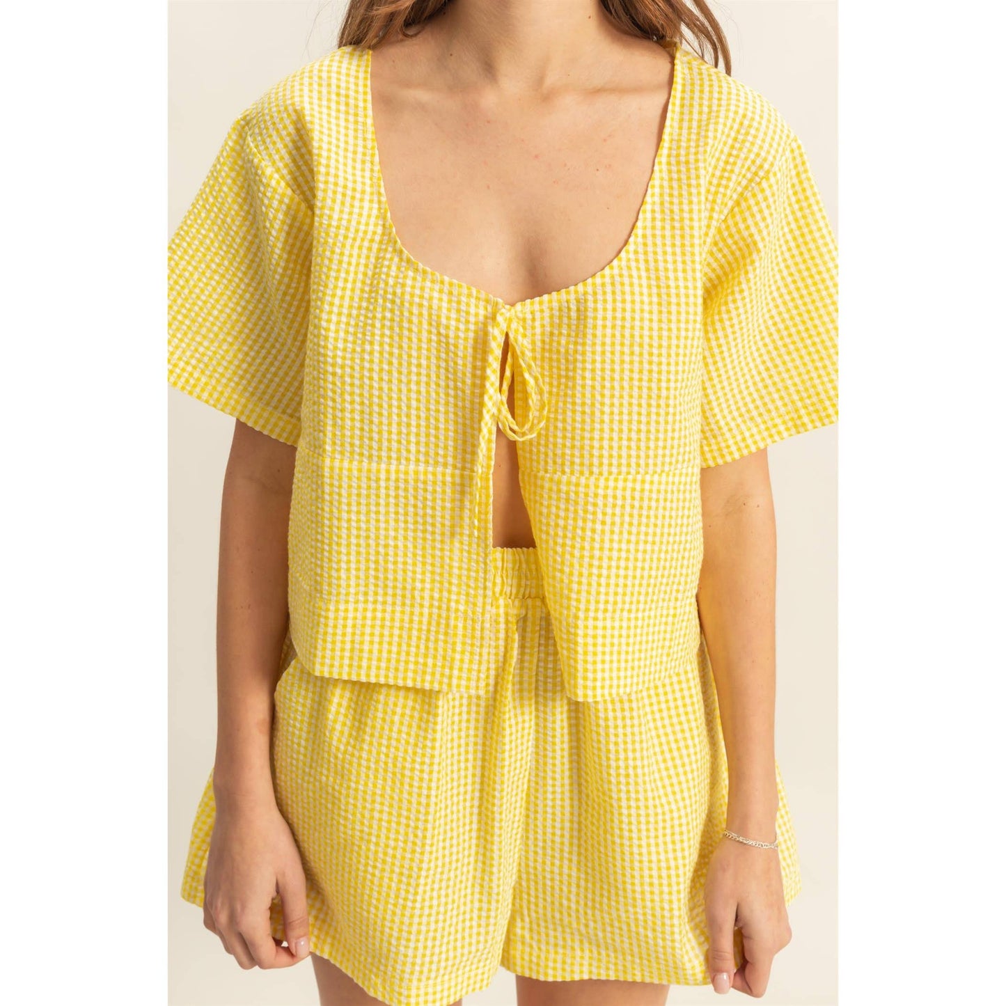 HYFVE-SET-Cute Gingham Front Tie Top And Shorts Set
