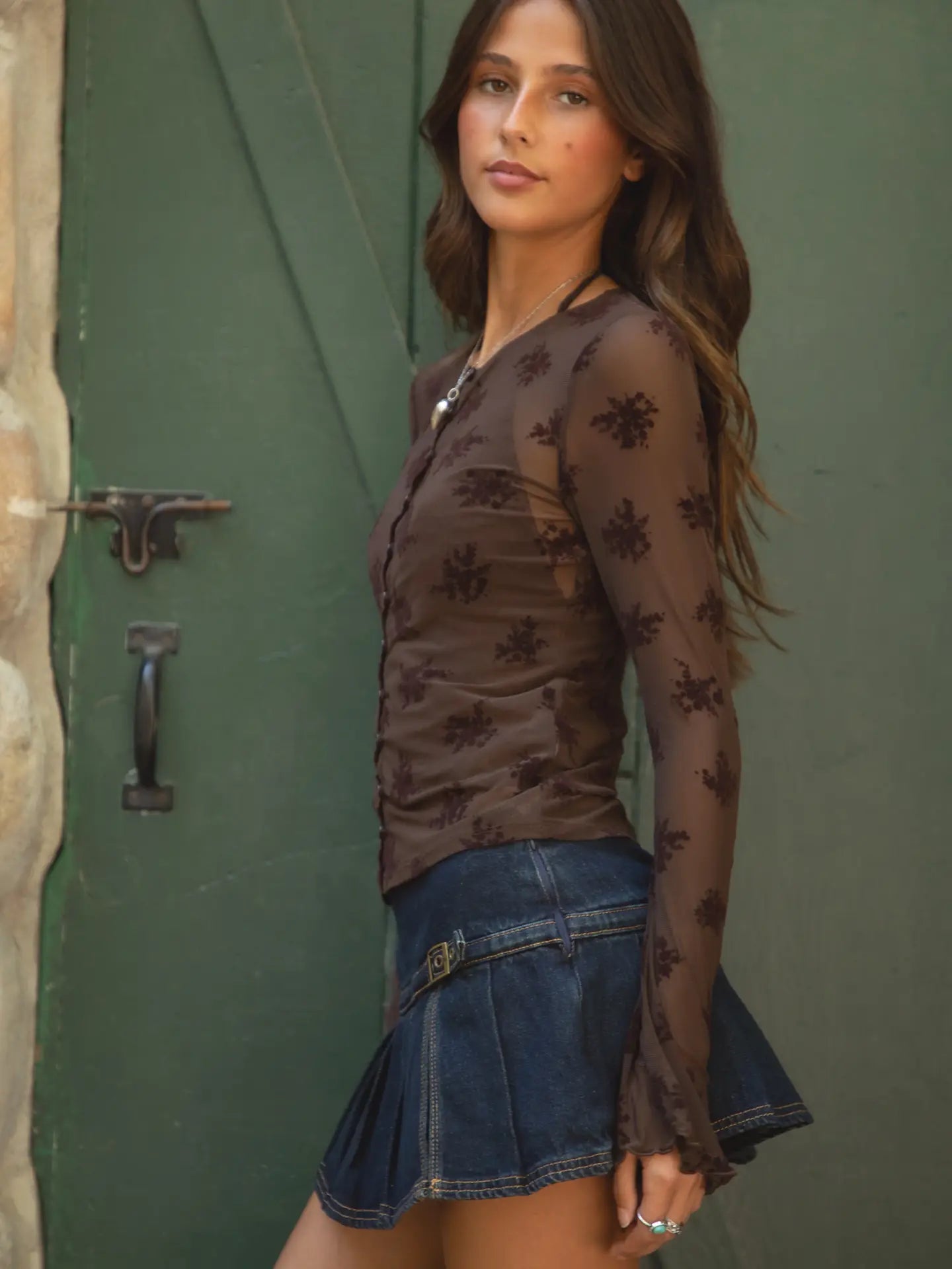 TICTOC Linette Brown floral mesh long sleeve top