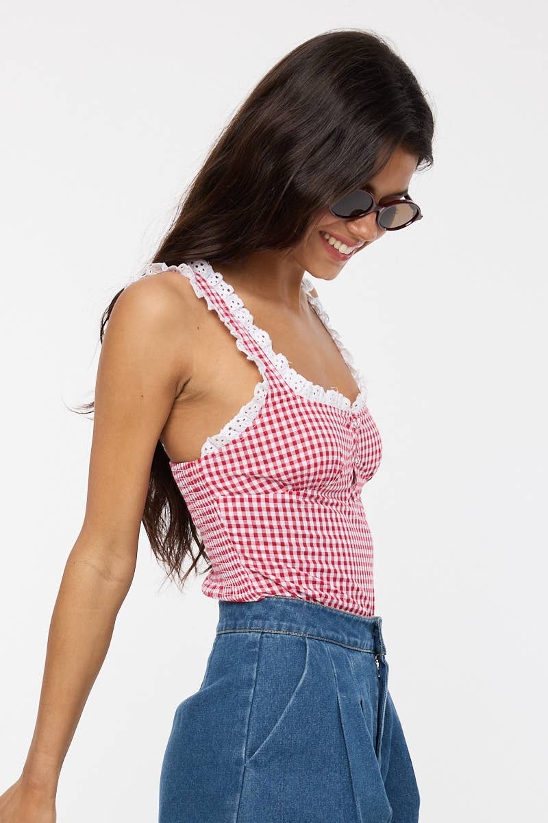 Sky to Moon - VIVID GINGHAM EYELET LACE TRIM CASUAL BODYSUIT