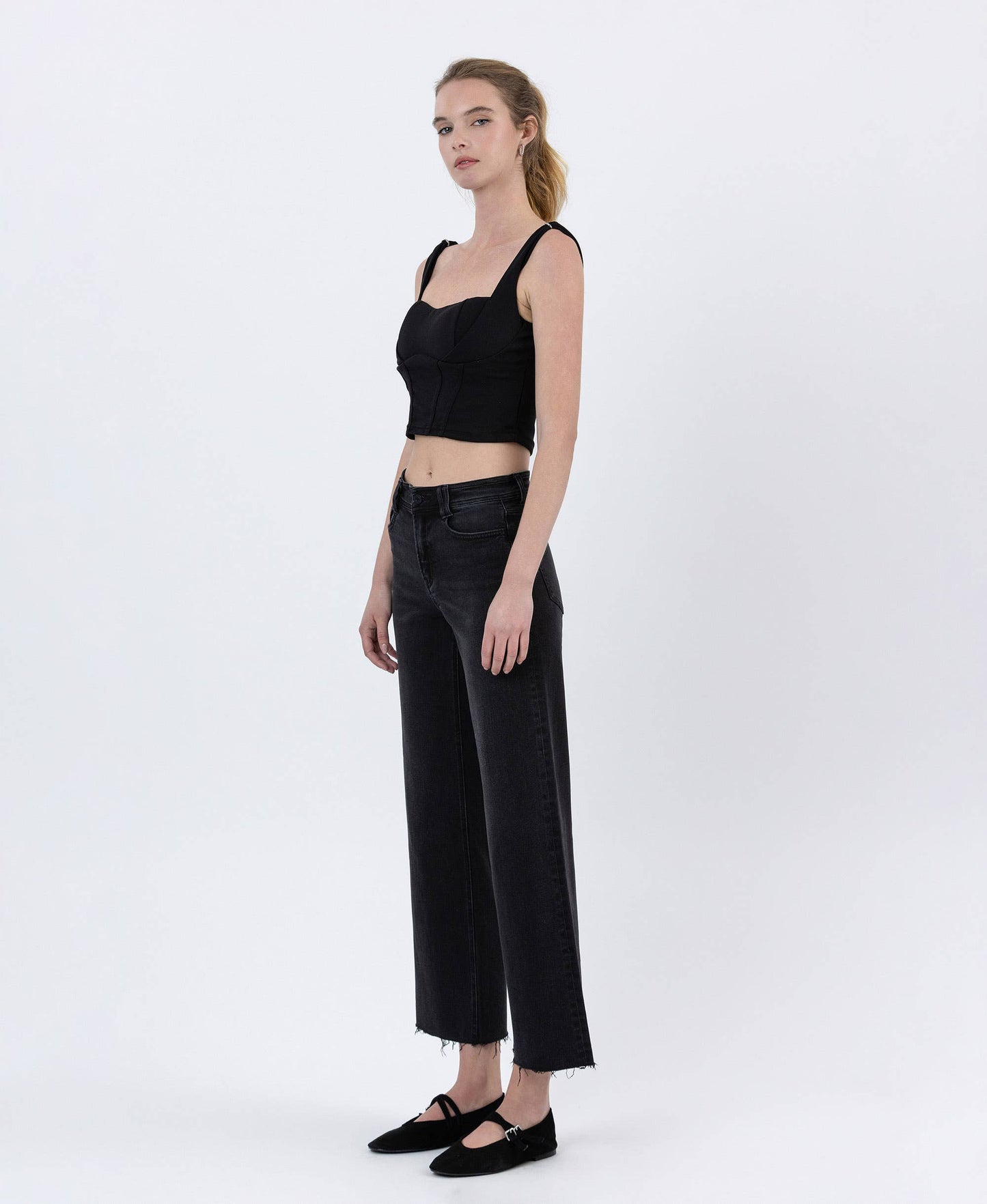 FLYING MONKEY - HIGH RISE RAW HEM ANKLE WIDE JEANS