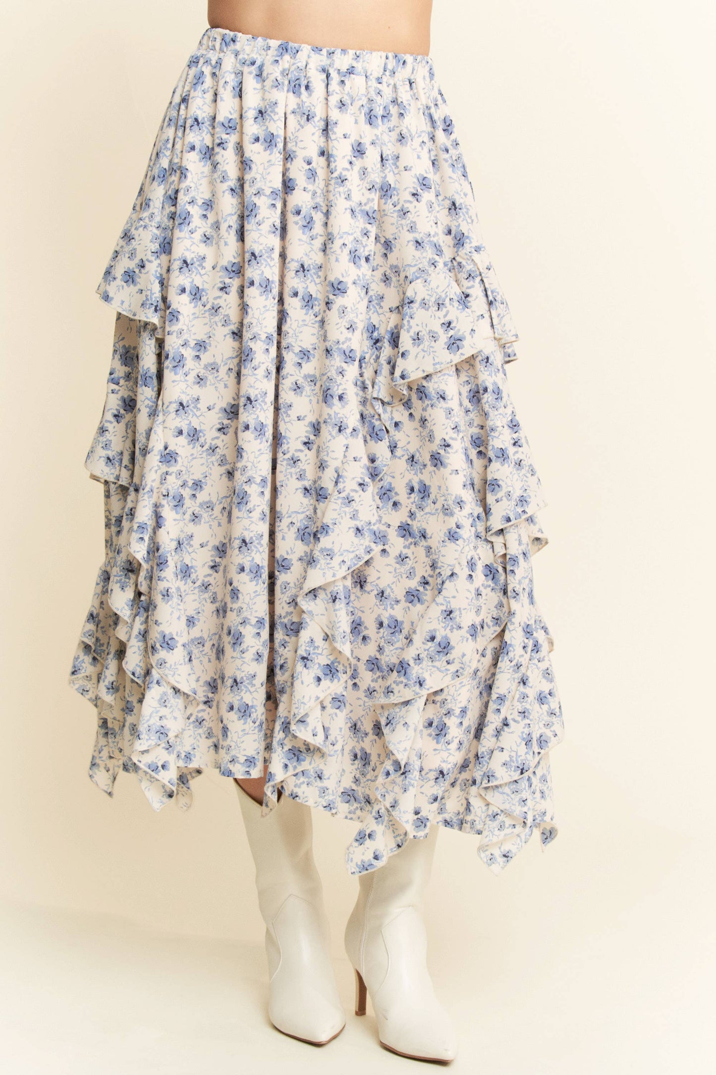Davi & Dani - FLORAL ELASTIC WAISTBAND RUFFLE TIERED MAXI SKIRT