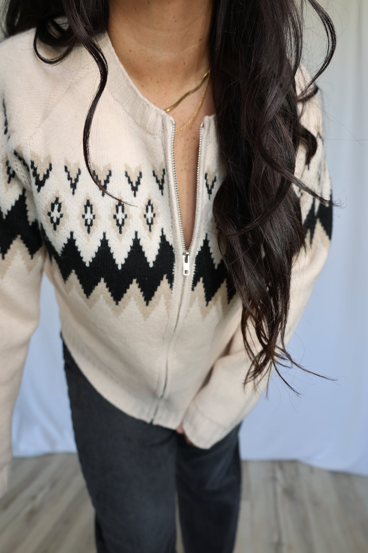 Let's Stay In Fair Isle Zip Front Cardigan Sweater