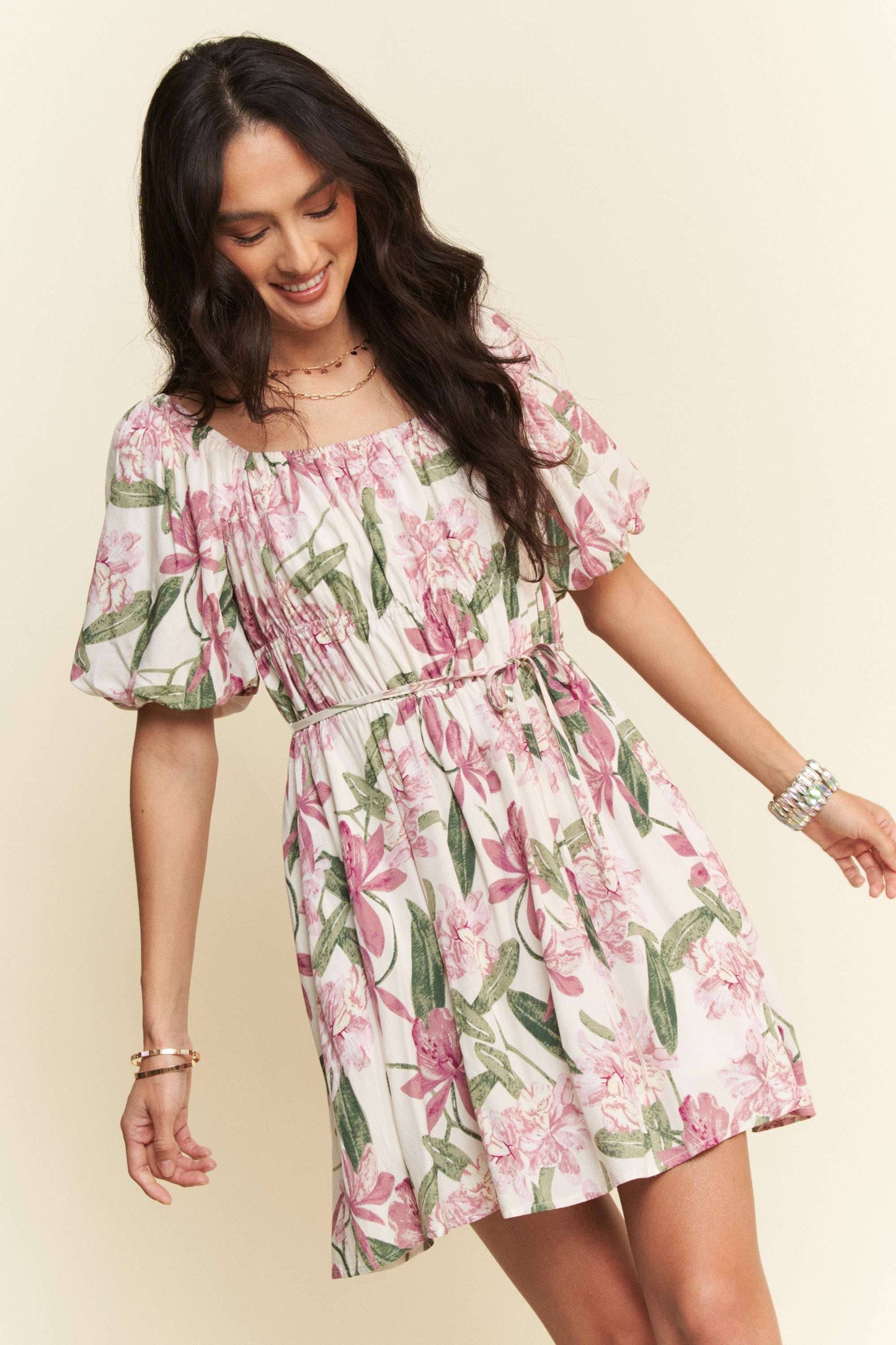 Davi & Dani - FLORAL SQUARE NECK PUFF SLEEVE A-LINE SHORT DRESS