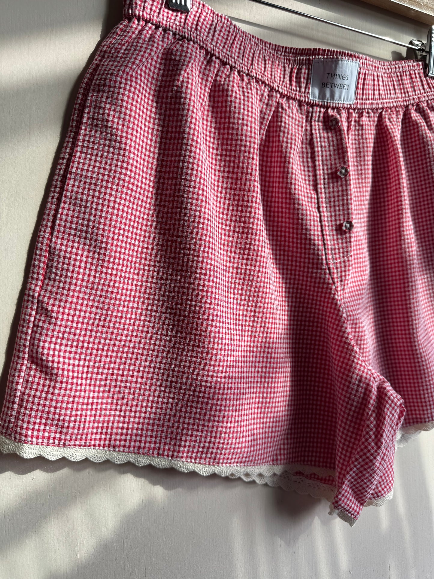 Things Between - Red/White Micro Gingham Lace Trim Boxer Style Shorts