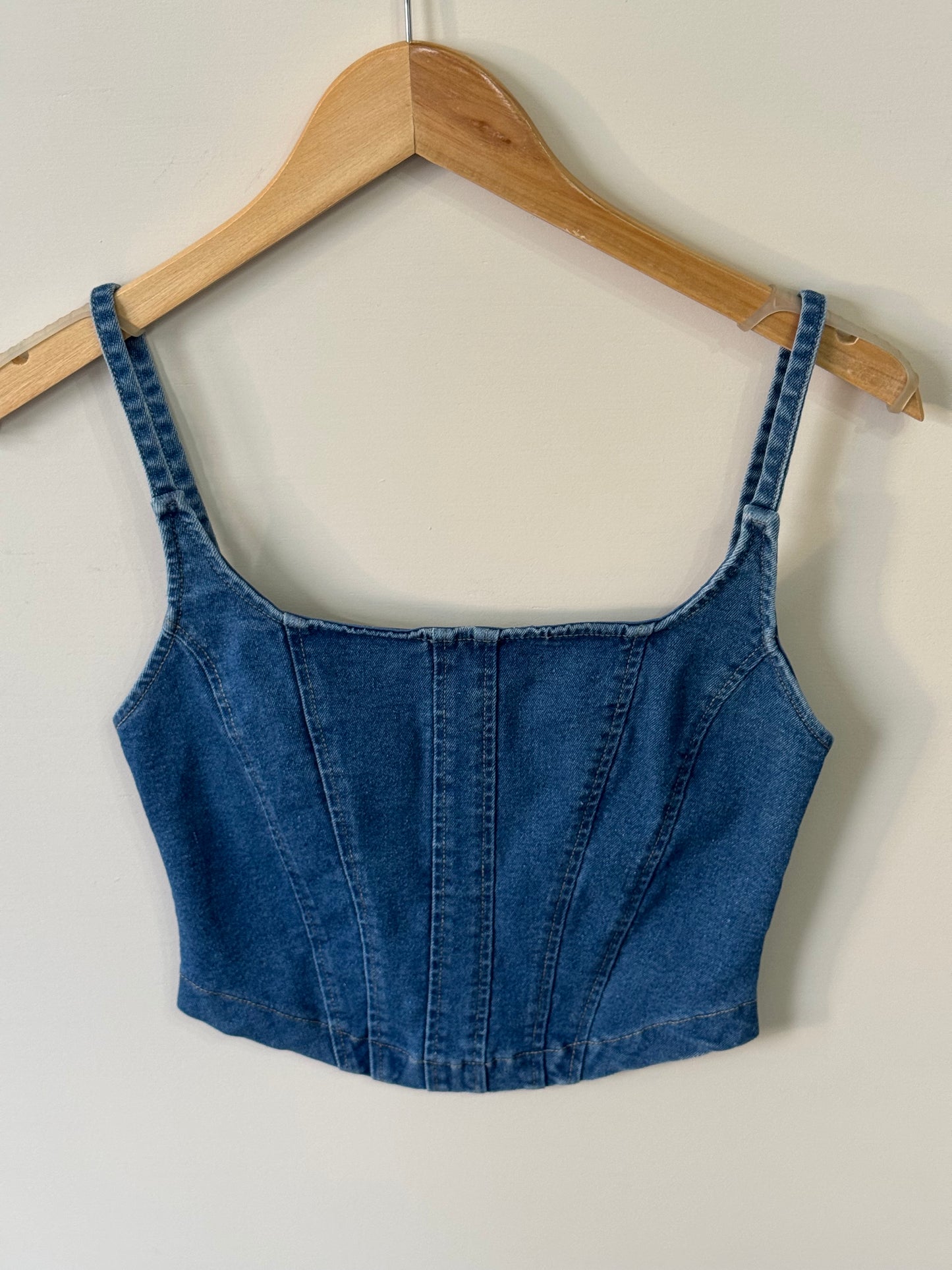 Timing - Corset Stitch Spaghetti-strap Denim Top w/ Zipper