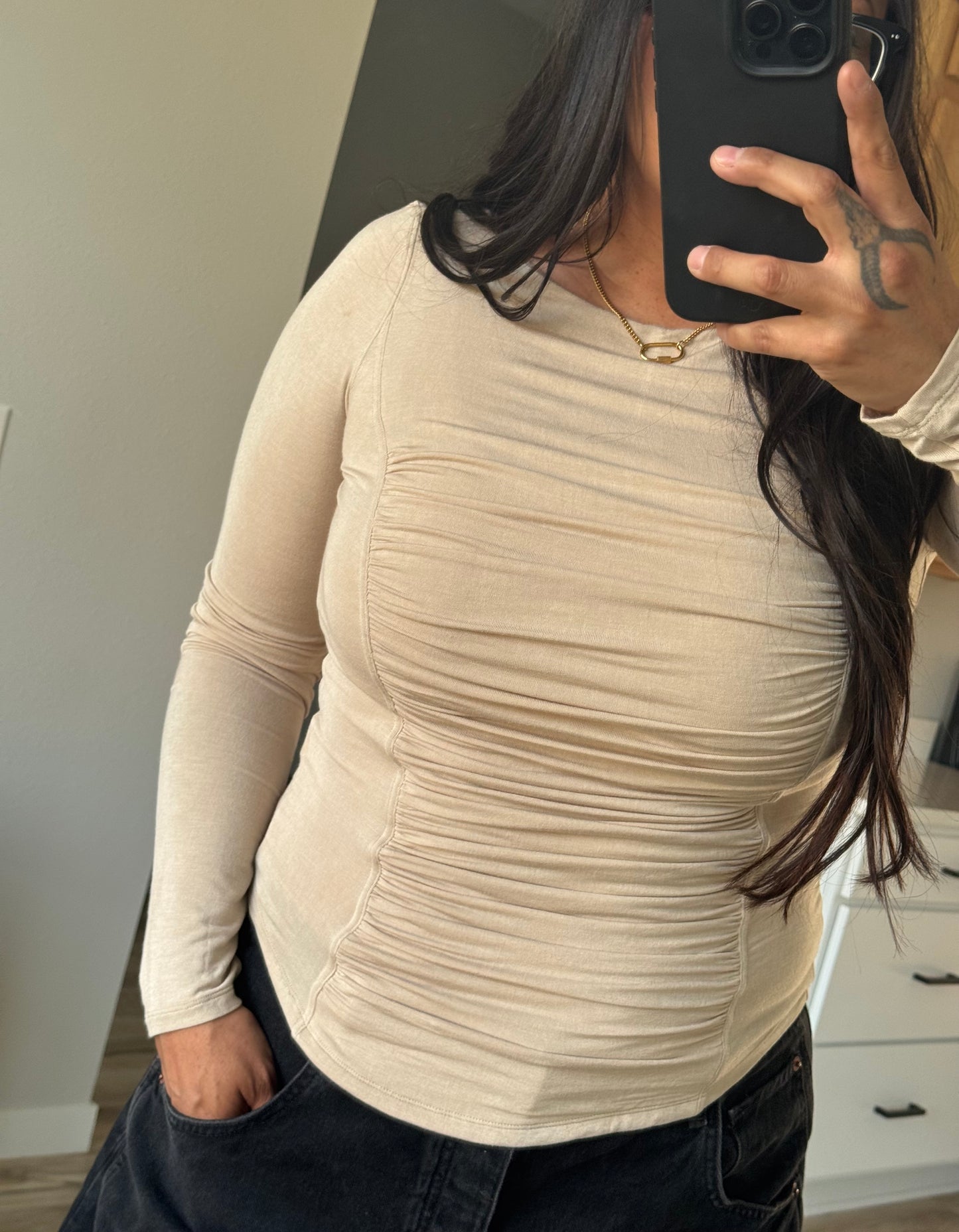 Mustard Seed - Tan Ruched Long Sleeve Top