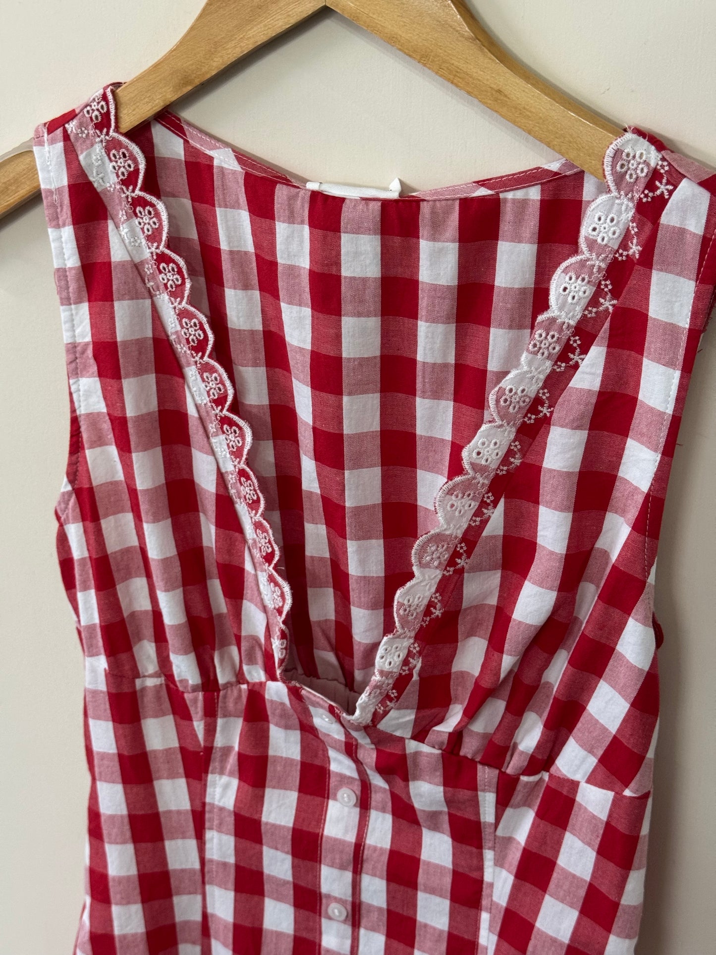 TicToc - Red/White Picnic Gingham Lace Trim V-neck Mini Dress