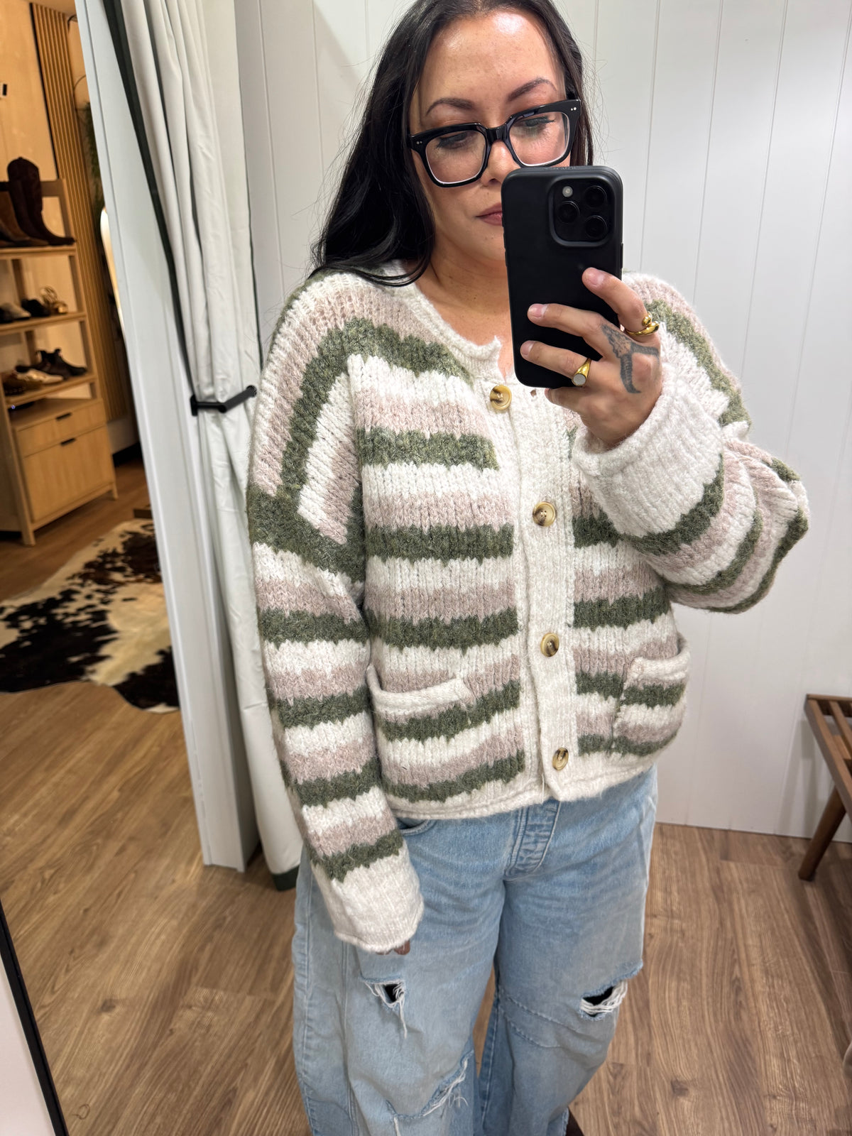 The Right Time stripe texture button front cardigan