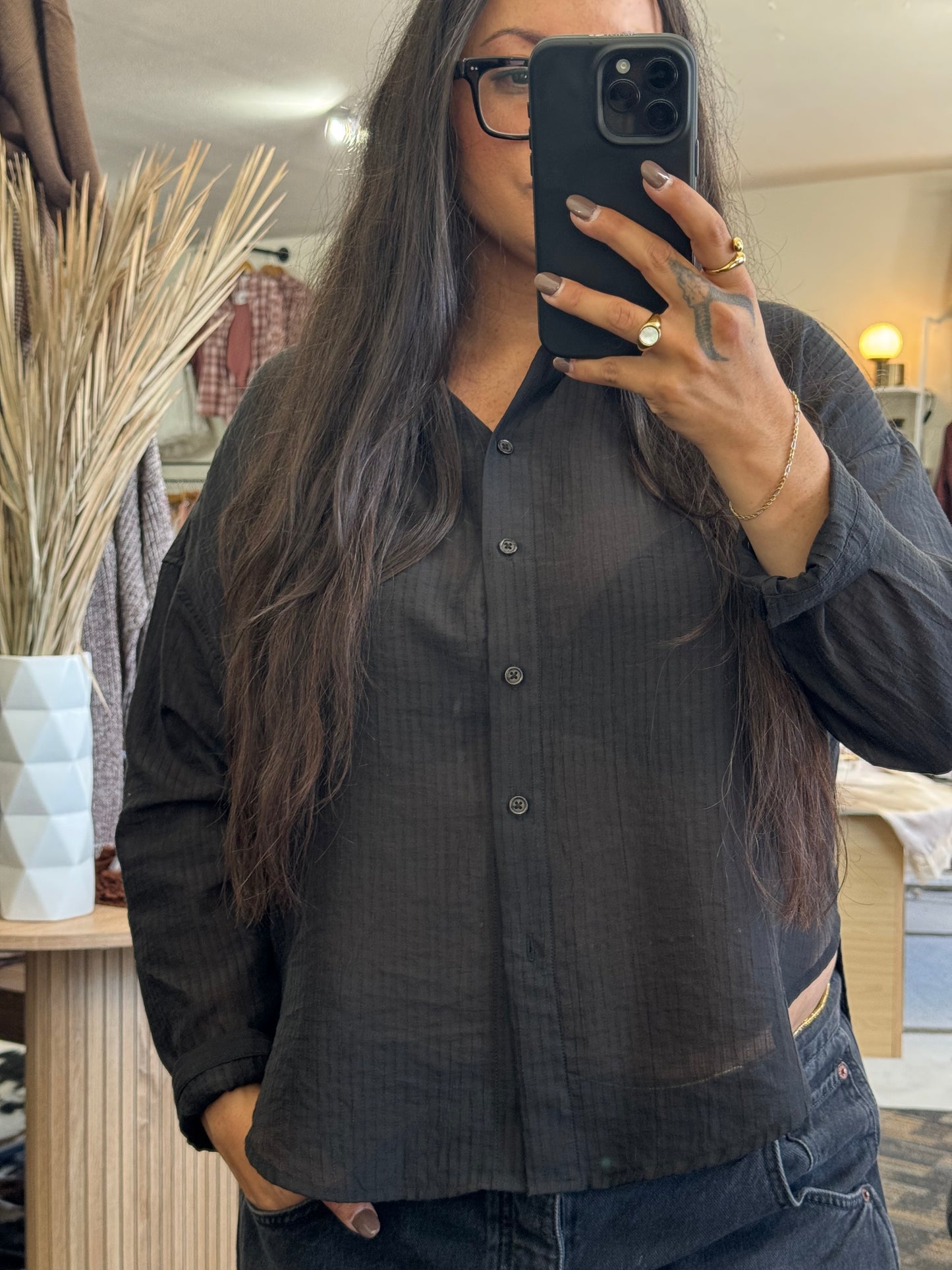 Time Of My Life pin striped sheer button front shirt
