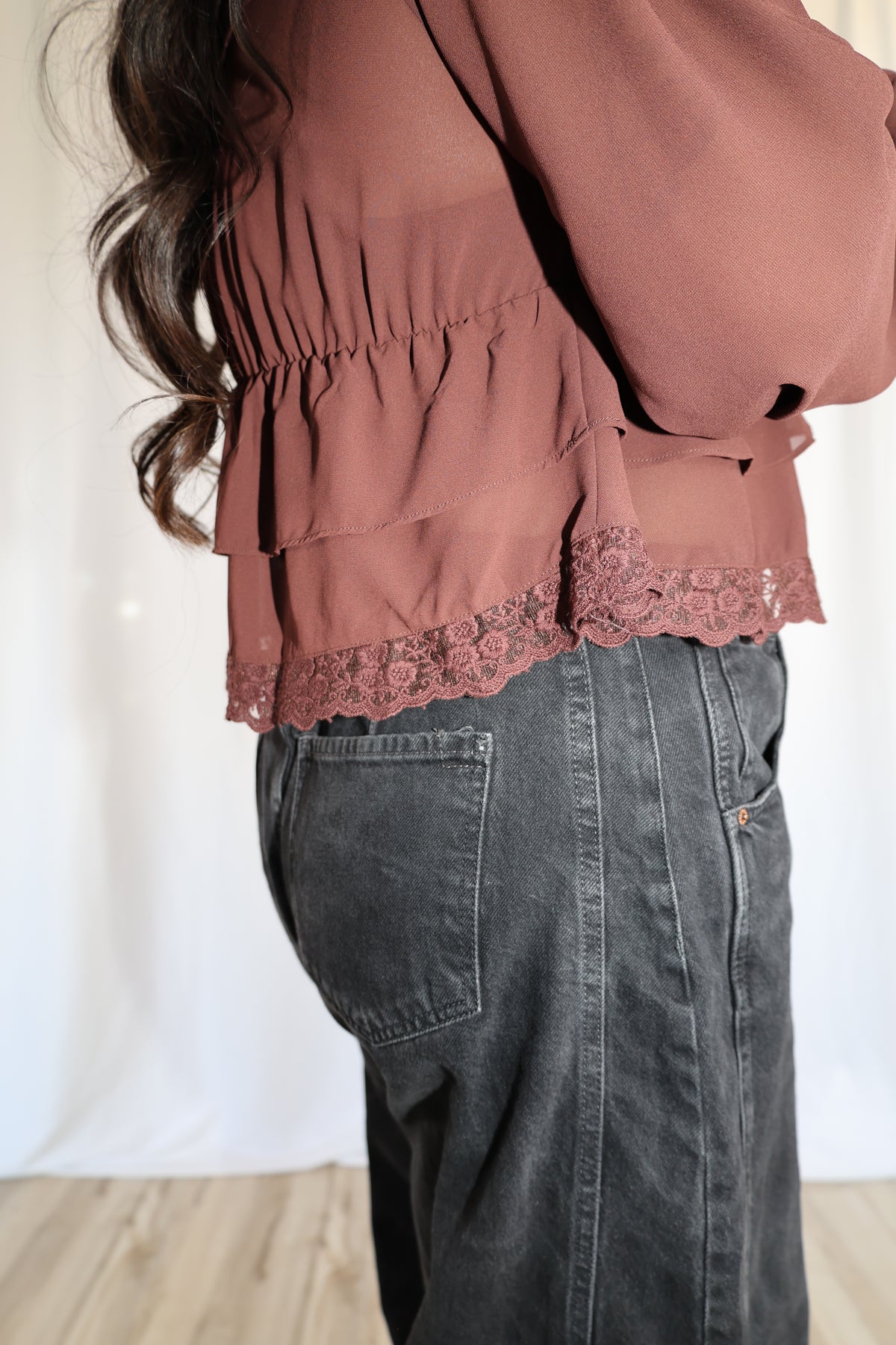 VIP long sleeve chiffon blouse with lace detailing
