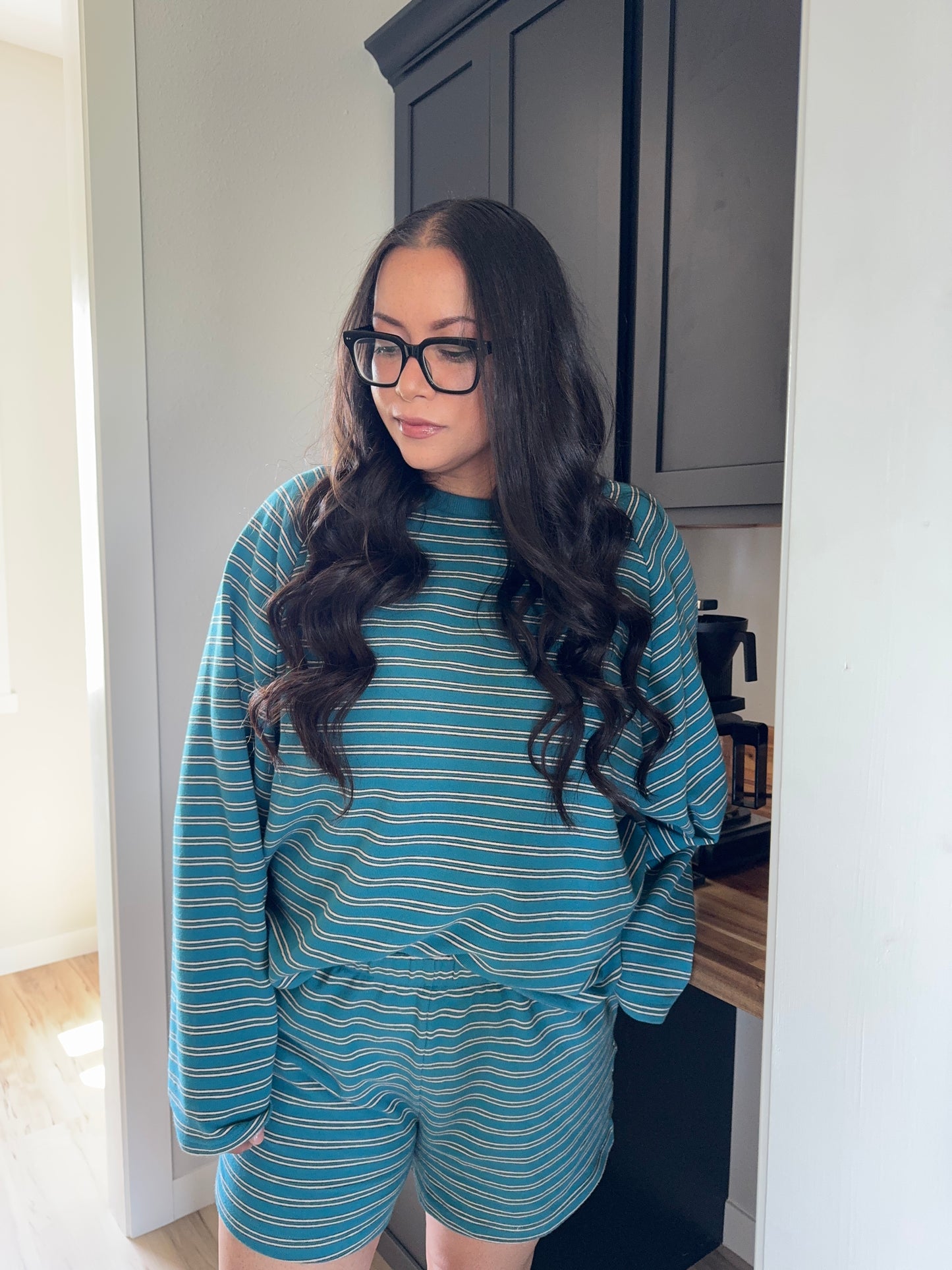 Things Between - Teal Cream Striped Shorts w/ Pockets
