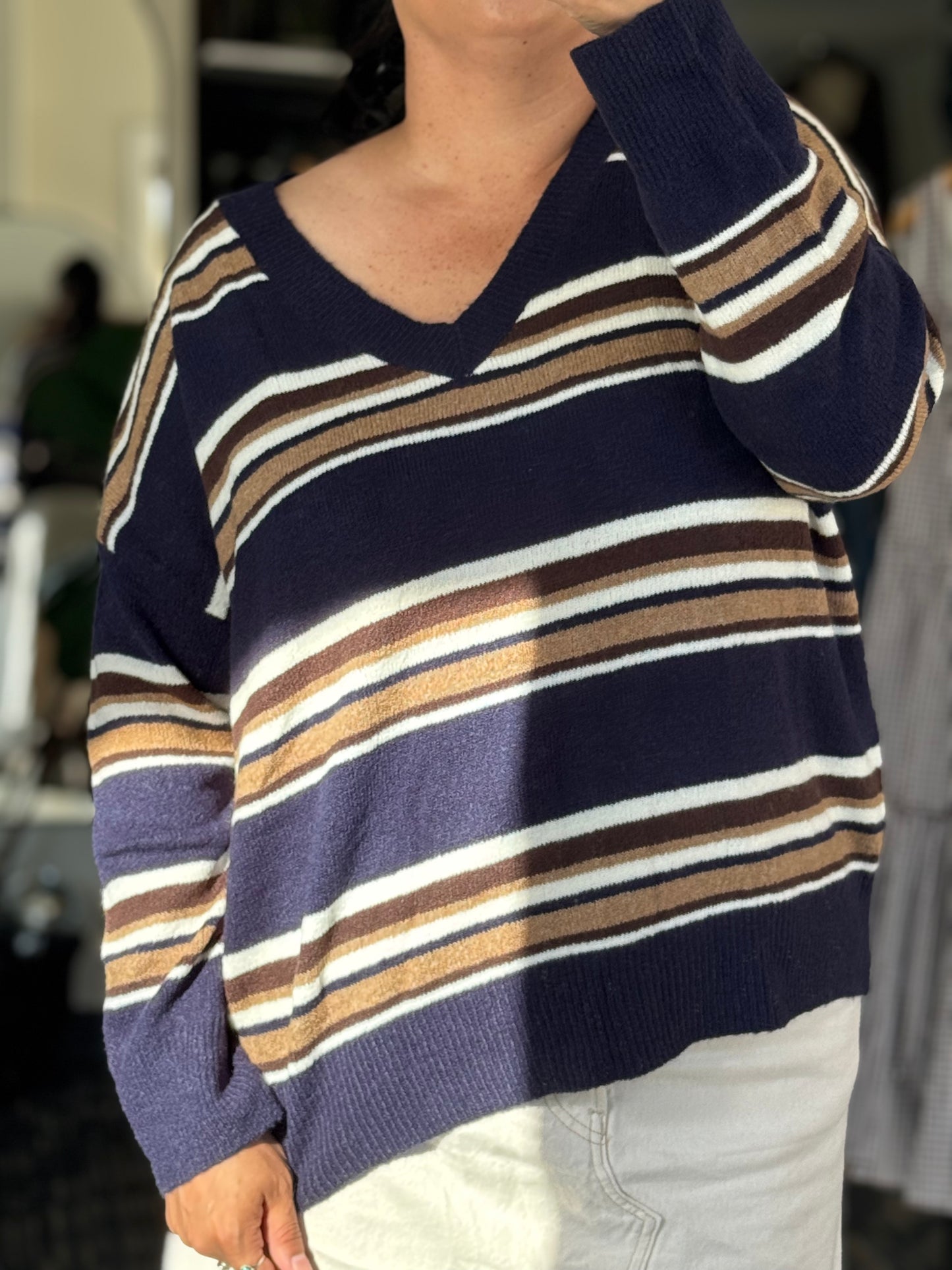 Blu Pepper Multicolor Stripe V-Neck Long Sleeve Knit Sweater