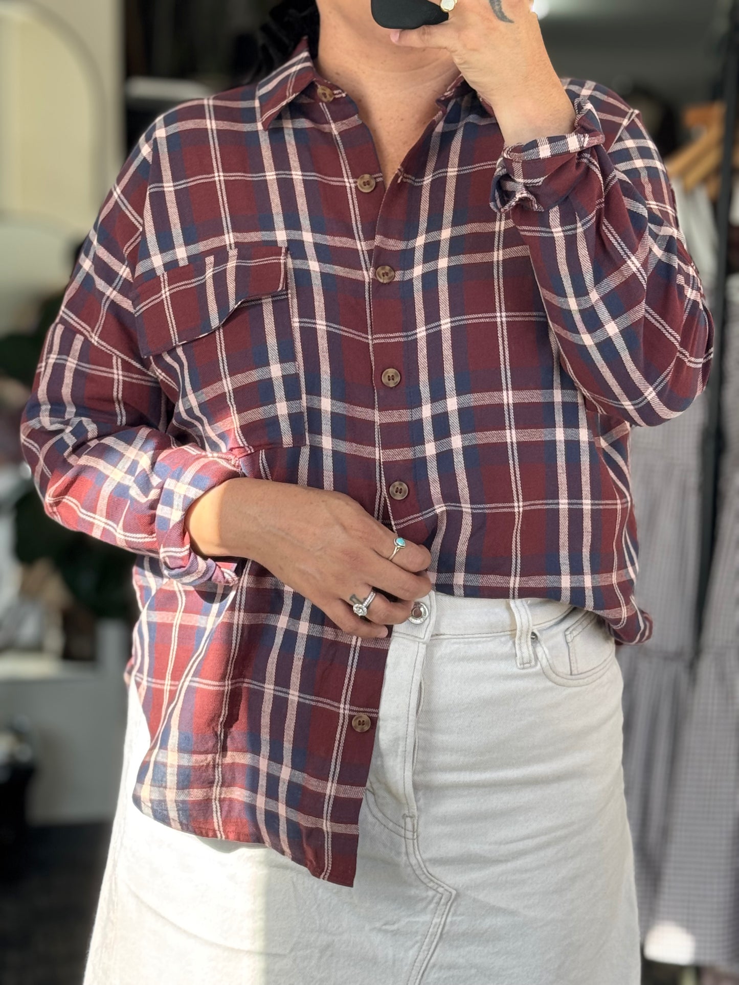 Blu Pepper Plaid Button Down Pocket Detail Long Sleeve Shirt