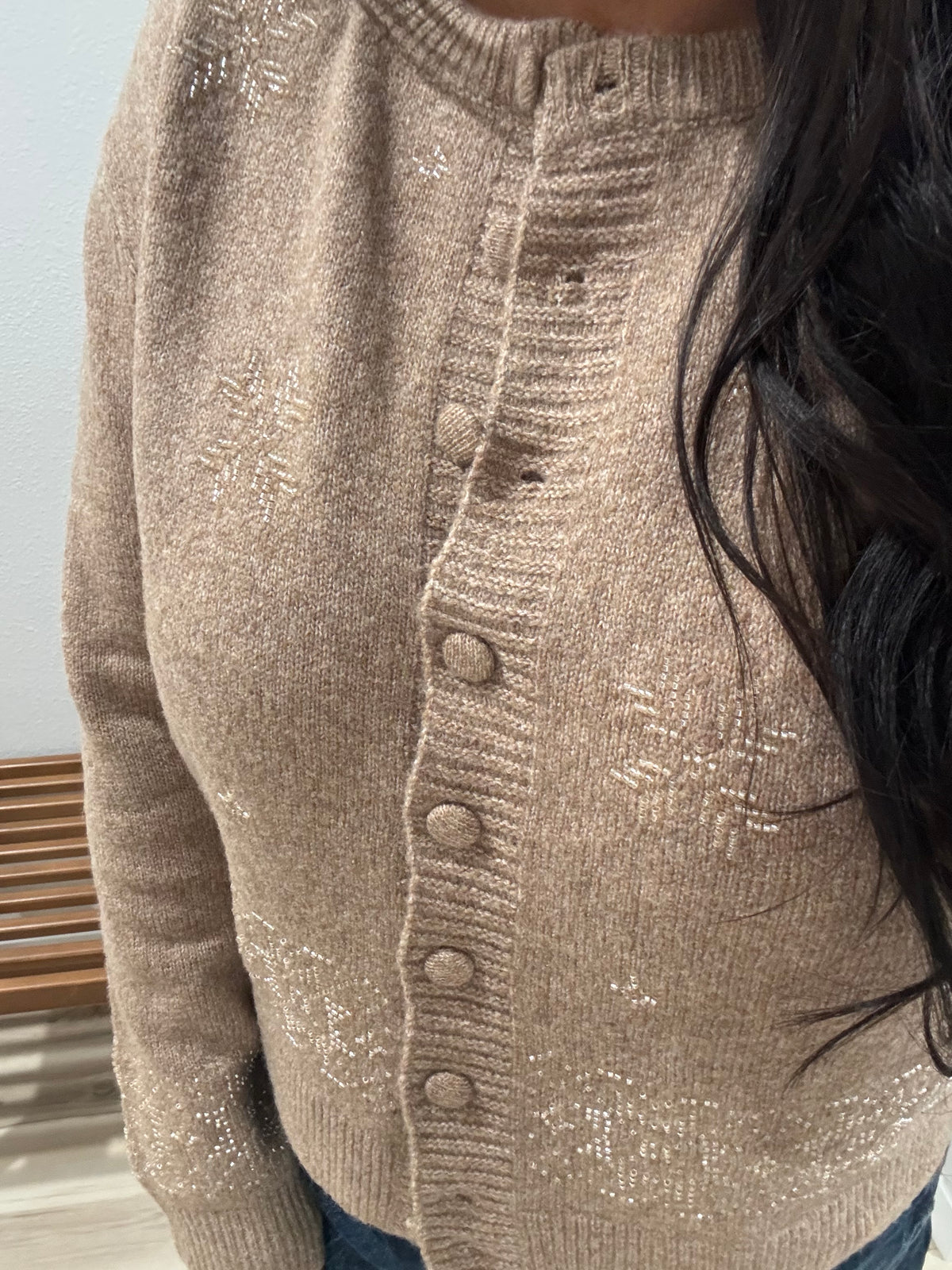 Best Time Of Year beaded snowflake button front cardigan
