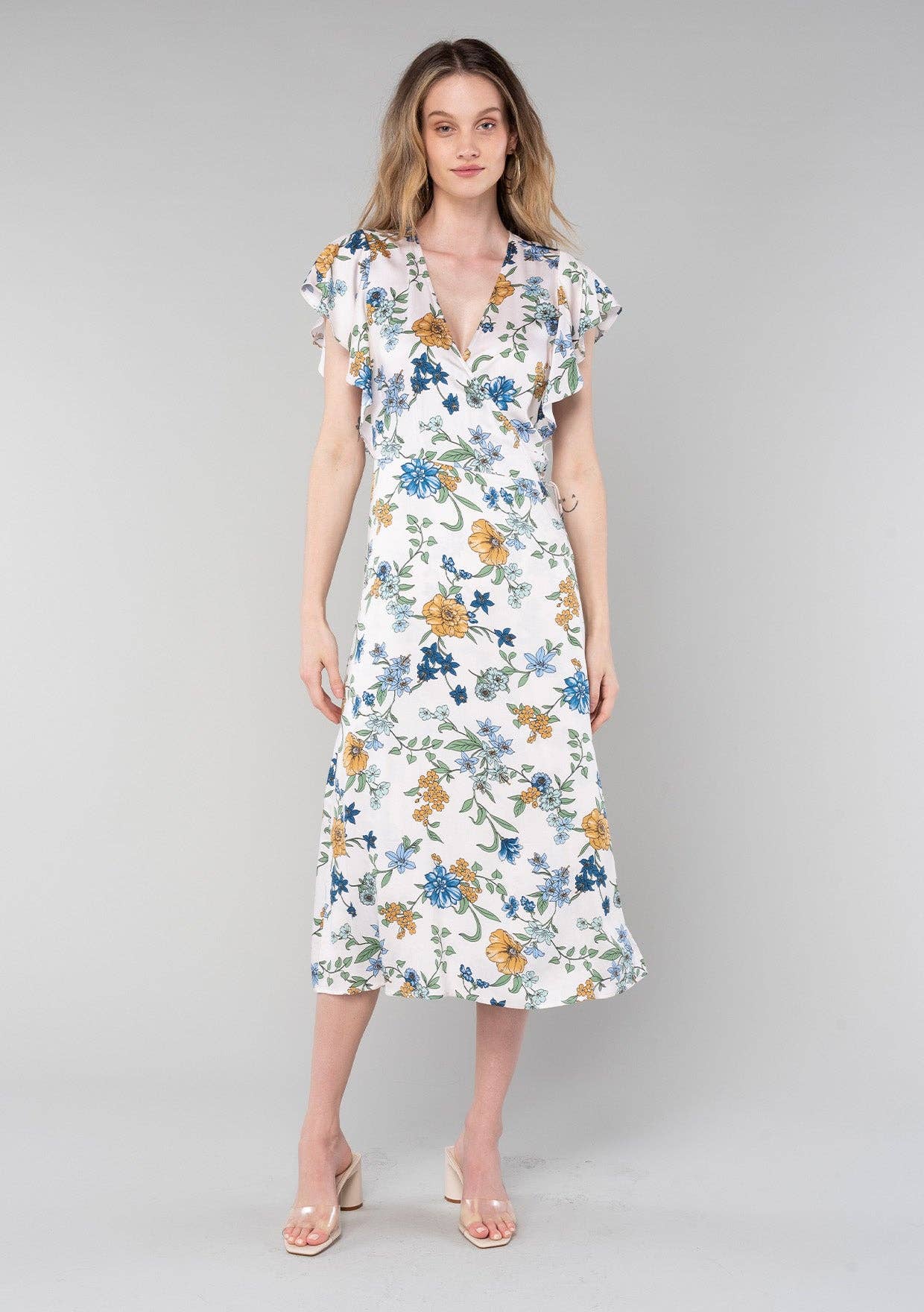 Lovestitch - Floral Short Flutter Sleeve Midi Wrap Dress