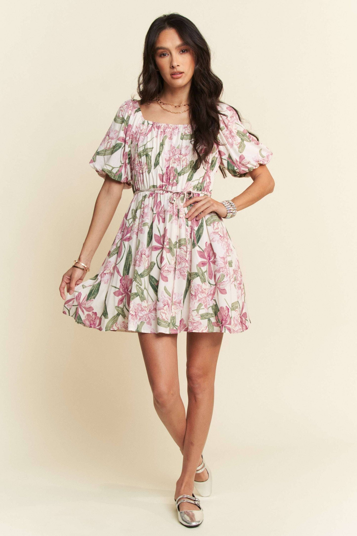Davi & Dani - FLORAL SQUARE NECK PUFF SLEEVE A-LINE SHORT DRESS