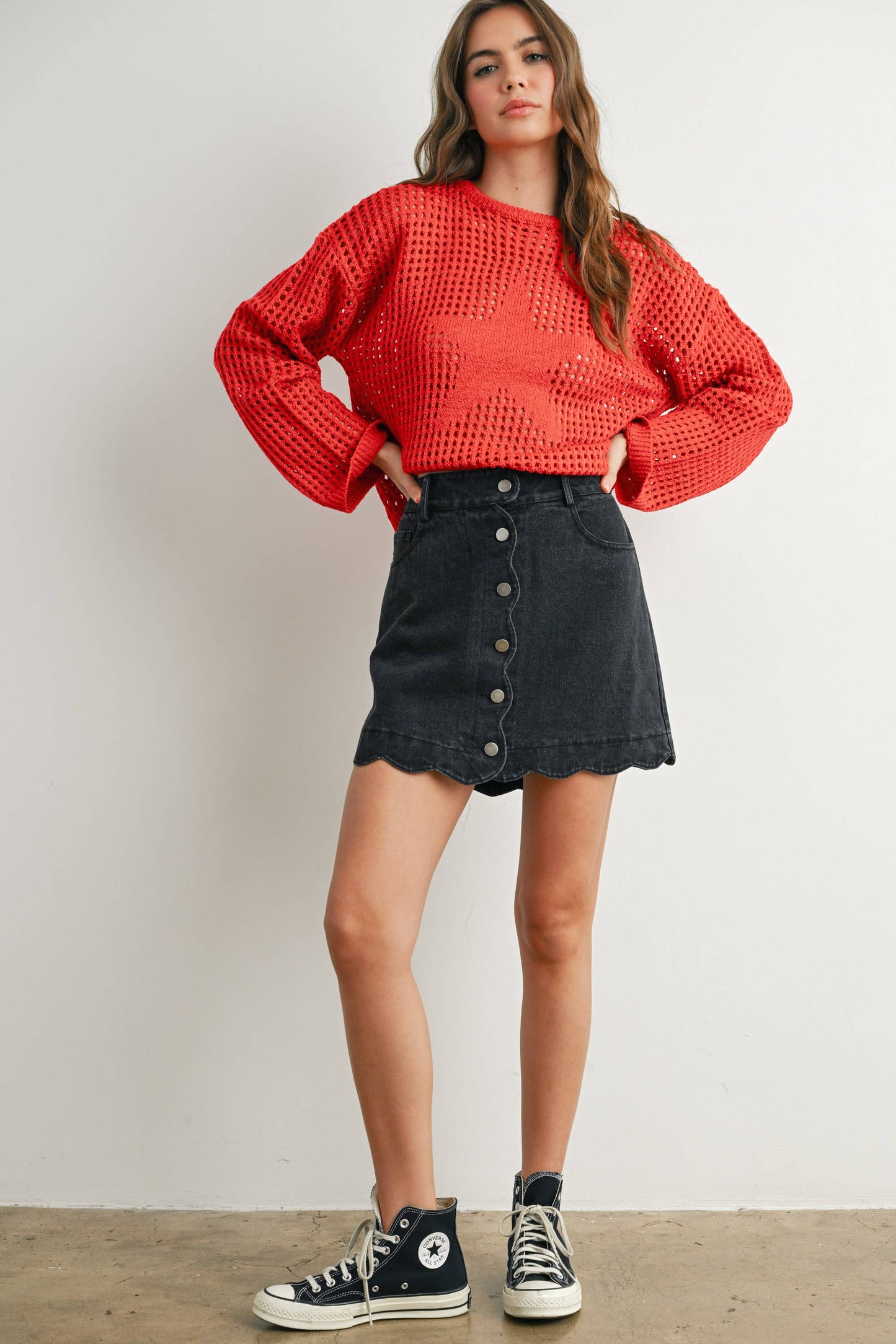 BUTTERMELON - Buttoned Scallop Denim Skirt