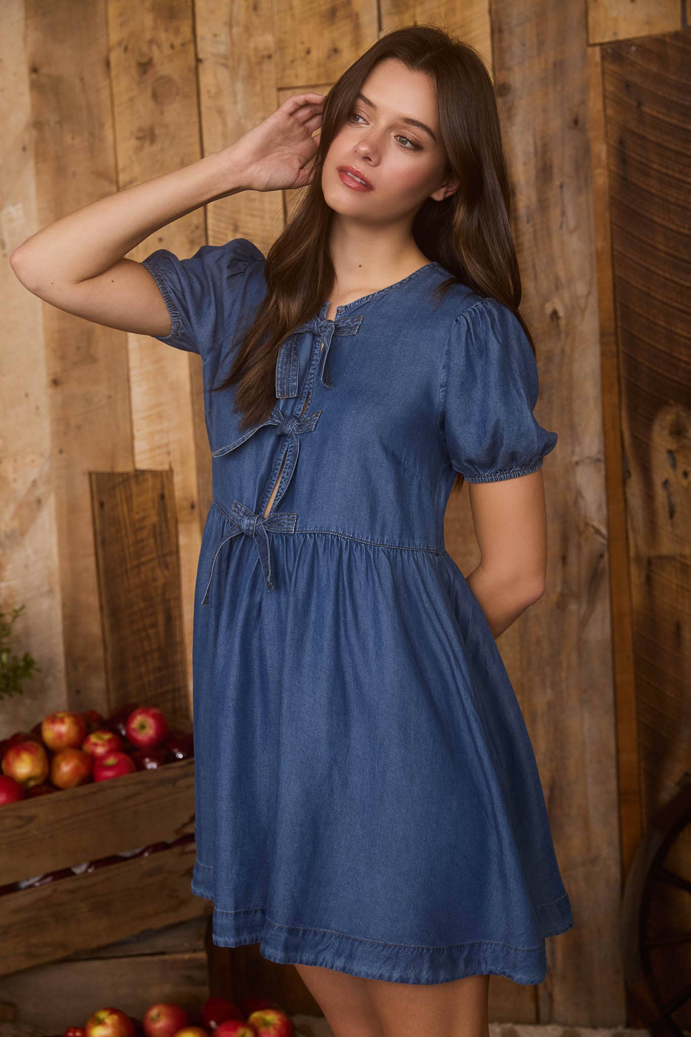 Blu Pepper - DARK CHAMBRAY FRONT TIE PUFF SLEEVE MINI DRESS
