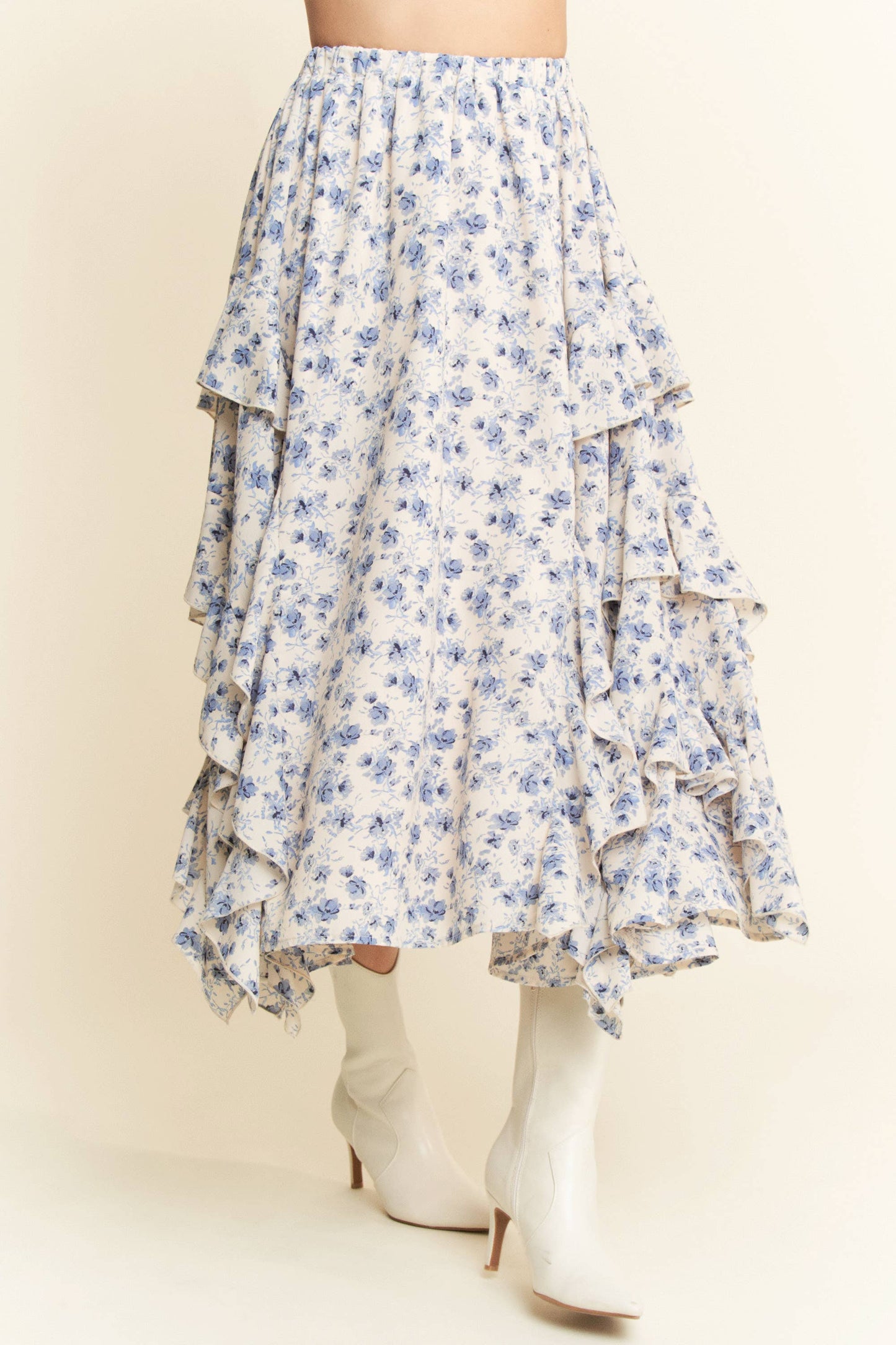 Davi & Dani - FLORAL ELASTIC WAISTBAND RUFFLE TIERED MAXI SKIRT