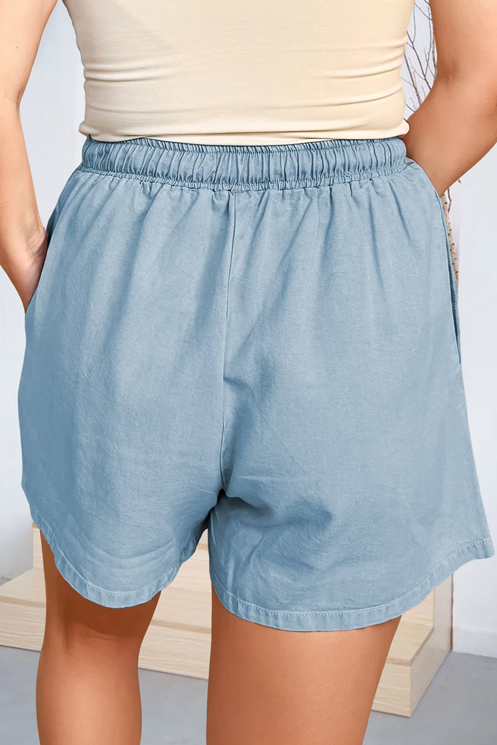 66DISCO - Plus Size Washed Chambray Drawstring Elastic Waist Shorts