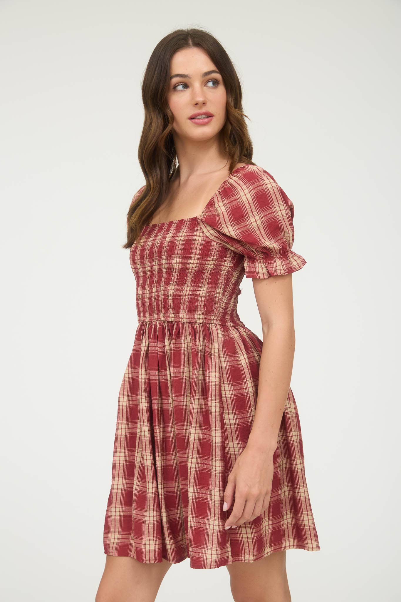 Blu Pepper - PLAID SMOCKED PUFF SLEEVE MIDI DRESS