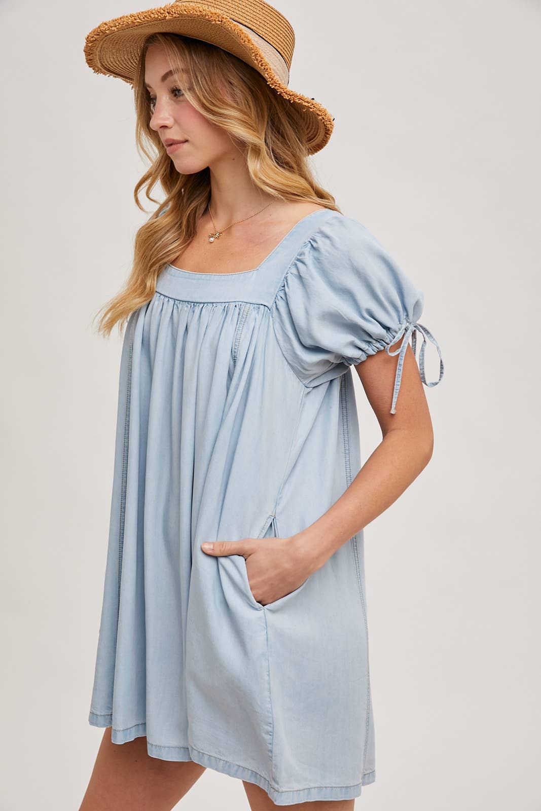 Bluivy - DENIM SQUARE NECK BABYDOLL DRESS WITH POCKETS