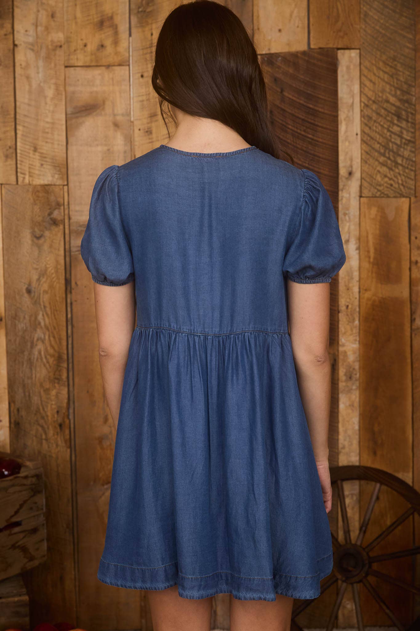 Blu Pepper - DARK CHAMBRAY FRONT TIE PUFF SLEEVE MINI DRESS