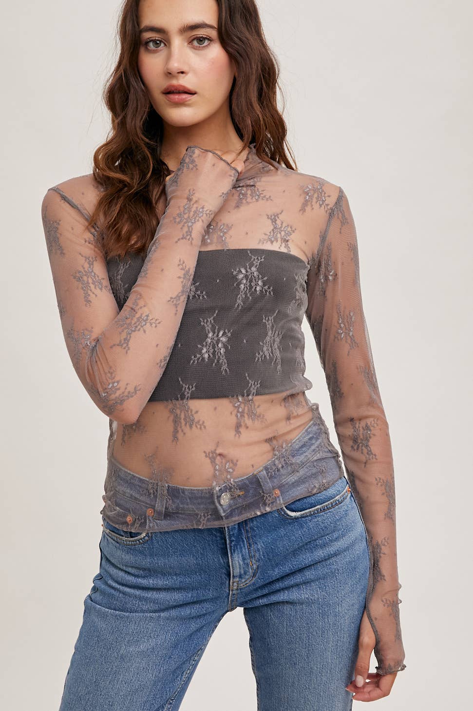Bluivy - FLORAL EMBROIDERY LACE MESH LAYERING TOP
