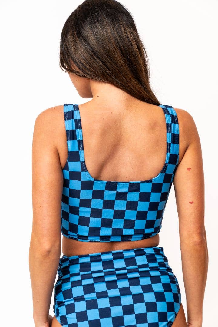Coral Reef Swim - Blue Check Square Neck Swim Top