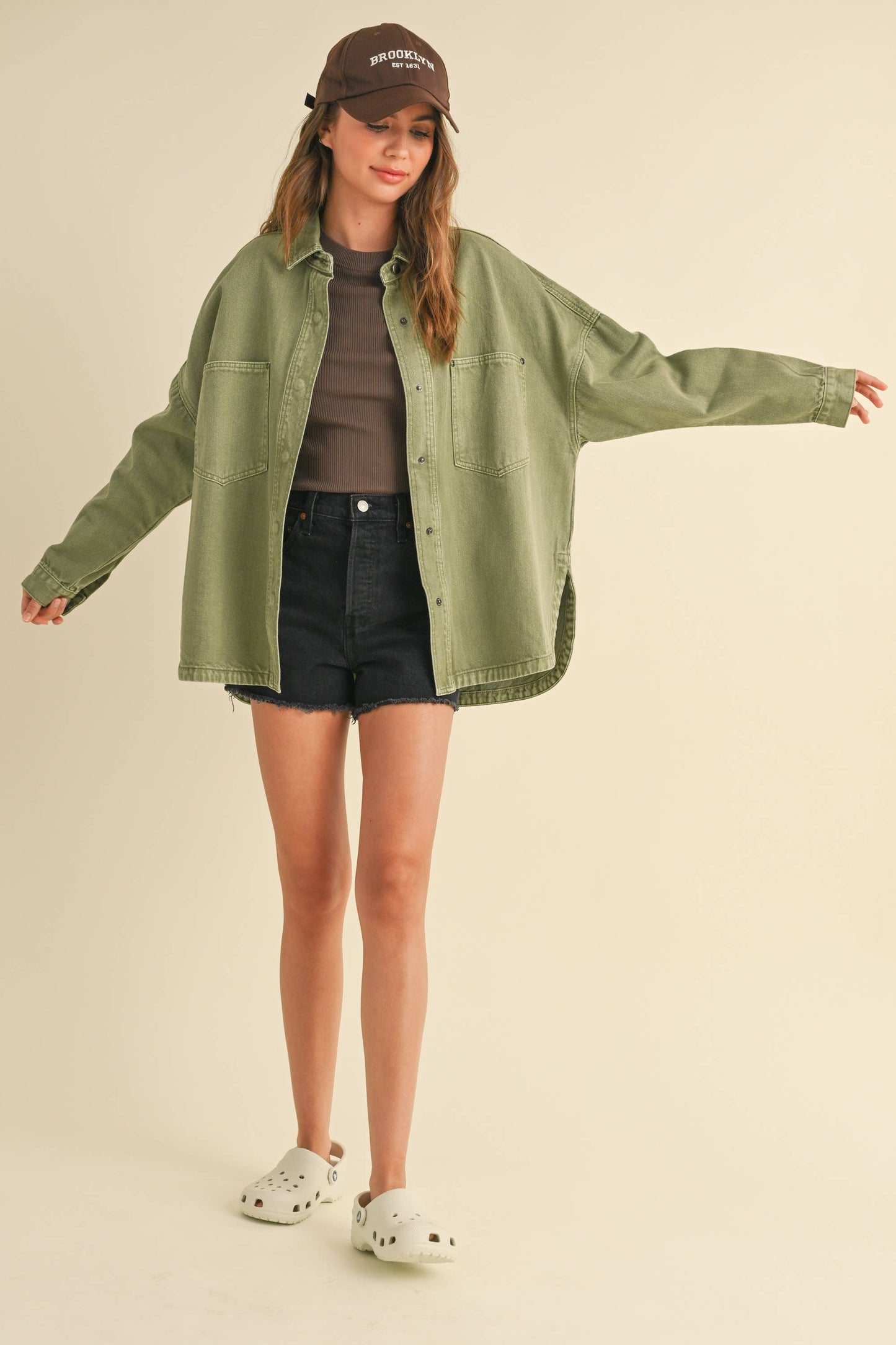 MIOU MUSE - WASHED SNAP BUTTON DENIM SHACKET